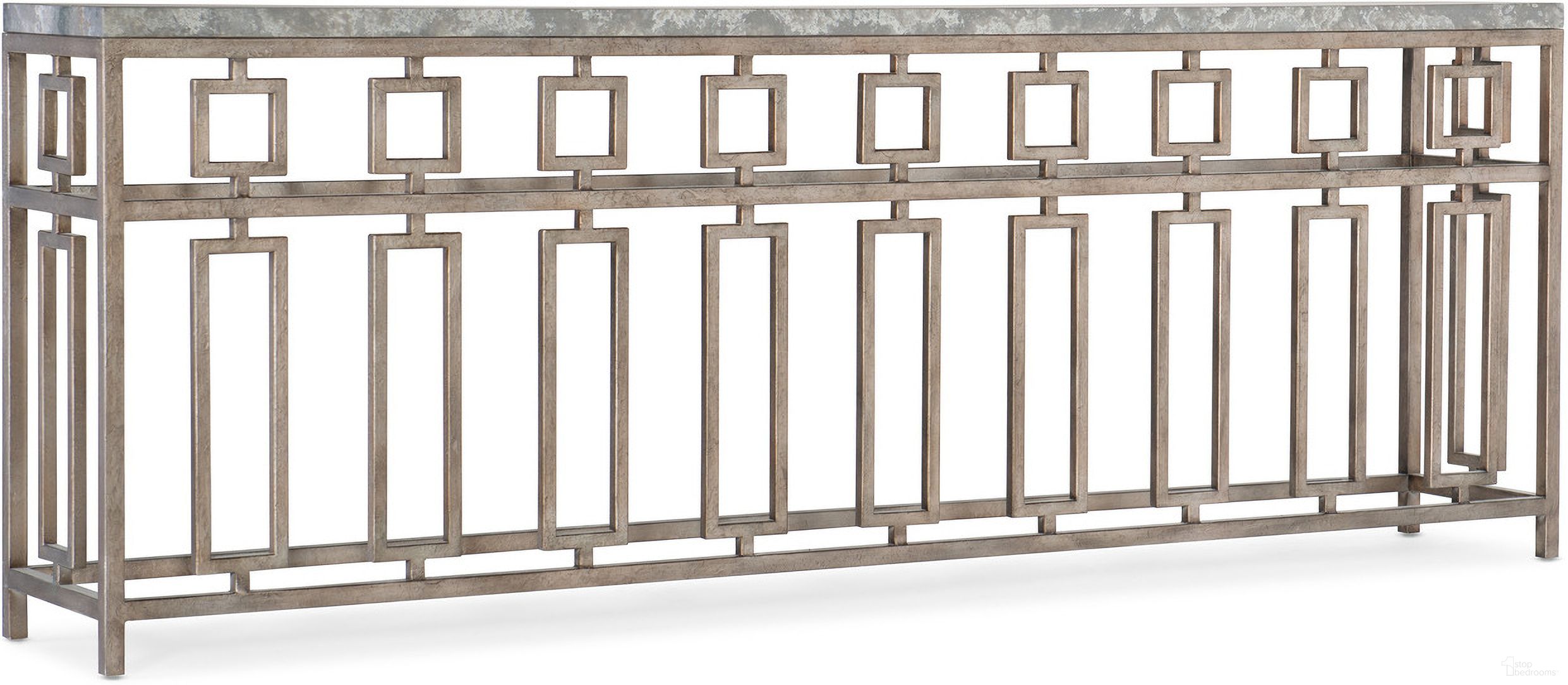 The appearance of Alfresco Gold Lapilli Console Table designed by Hooker in the transitional interior design. This gold piece of furniture was selected by 1StopBedrooms from Alfresco Collection to add a touch of cosiness and style into your home. Sku: 6025-85001-15. Material: Metal.
