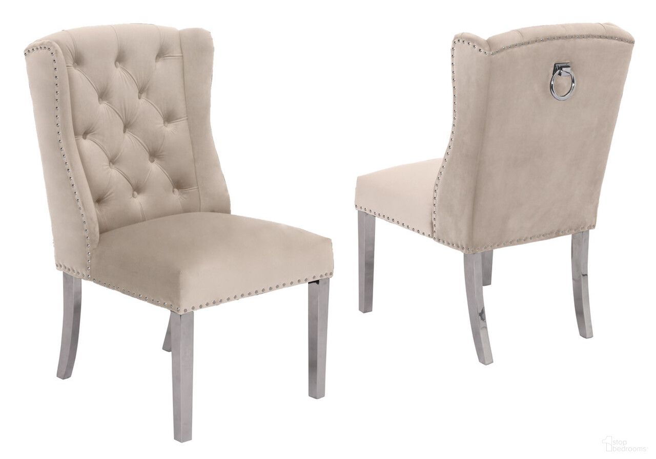 The appearance of Ali Double Tufted Side Chairs Set of 2 In Cream Velvet and Silver Stainless Steel Legs designed by Best Quality Furniture in the transitional interior design. This silver/cream piece of furniture was selected by 1StopBedrooms from Ali Collection to add a touch of cosiness and style into your home. Sku: SC127. Material: Stainless Steel. Chair Type: Side Chair.