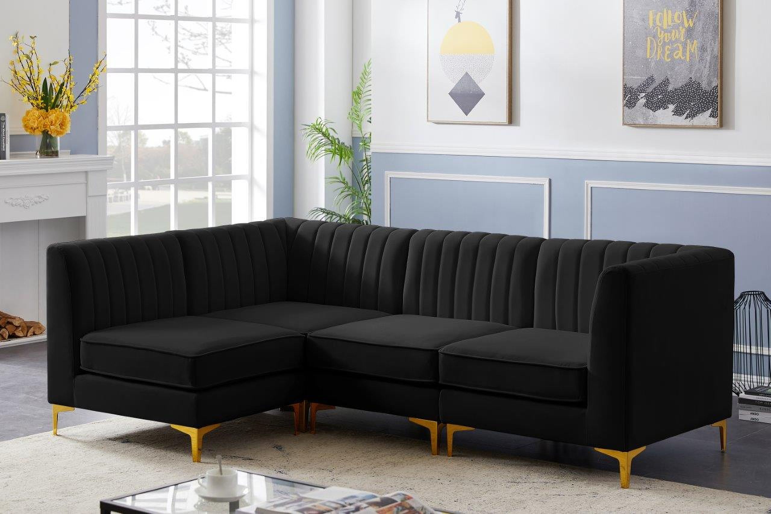 The appearance of Alina Velvet 4 Piece Modular Sectional In Black designed by Meridian in the modern / contemporary interior design. This black piece of furniture was selected by 1StopBedrooms from Alina Collection to add a touch of cosiness and style into your home. Sku: 604Black-Corner;604Black-Corner;604Black-Armless;604Black-Armless. Material: Velvet. Layout: L-Shape.