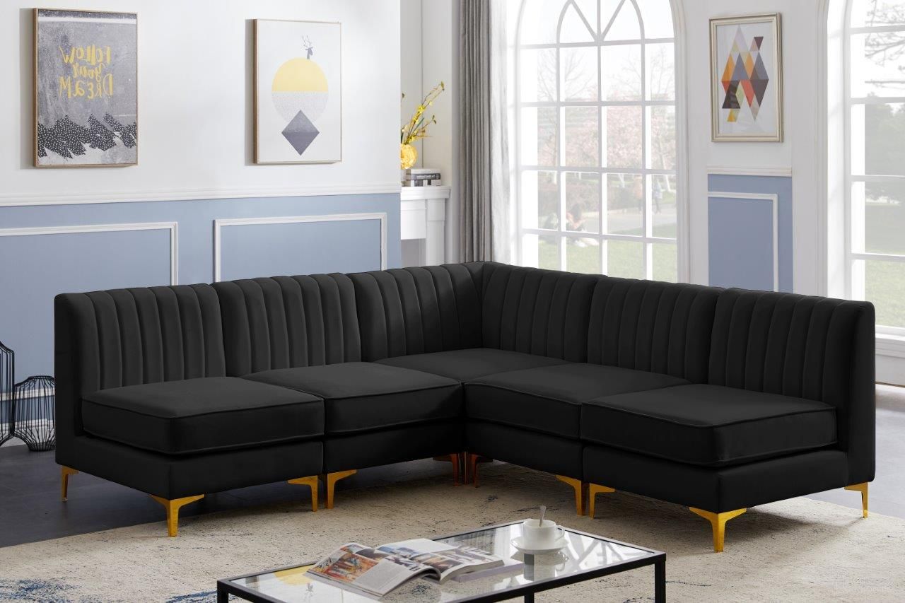 The appearance of Alina Velvet 5 Piece Modular Sectional In Black designed by Meridian in the modern / contemporary interior design. This black piece of furniture was selected by 1StopBedrooms from Alina Collection to add a touch of cosiness and style into your home. Sku: 604Black-Corner;604Black-Armless;604Black-Armless;604Black-Armless;604Black-Armless. Material: Velvet. Layout: L-Shape.
