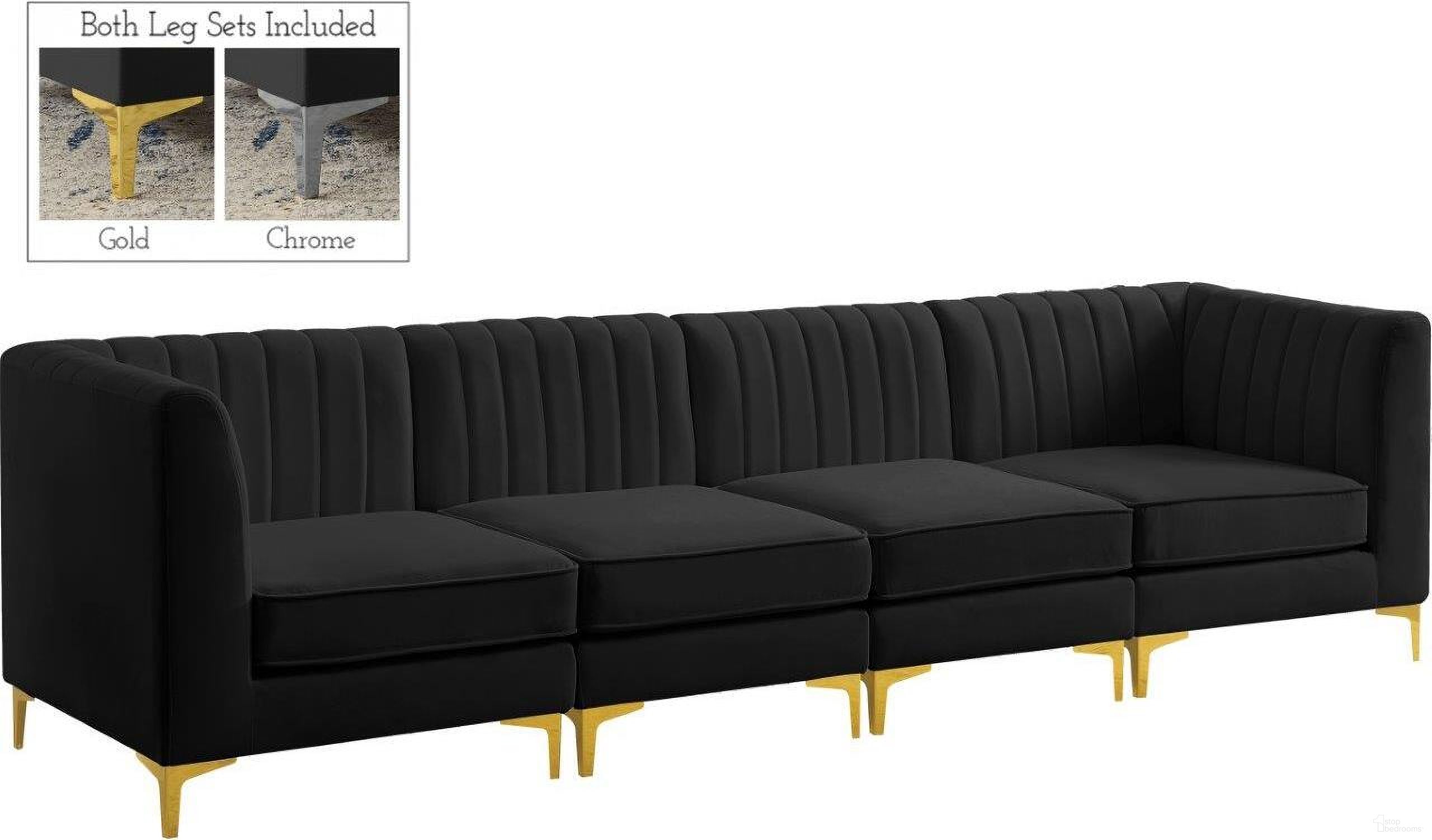 The appearance of Alina Velvet 4 Piece Modular Sofa In Black designed by Meridian in the modern / contemporary interior design. This black piece of furniture was selected by 1StopBedrooms from Alina Collection to add a touch of cosiness and style into your home. Sku: 604Black-Corner;604Black-Corner;604Black-Armless;604Black-Armless. Material: Velvet.