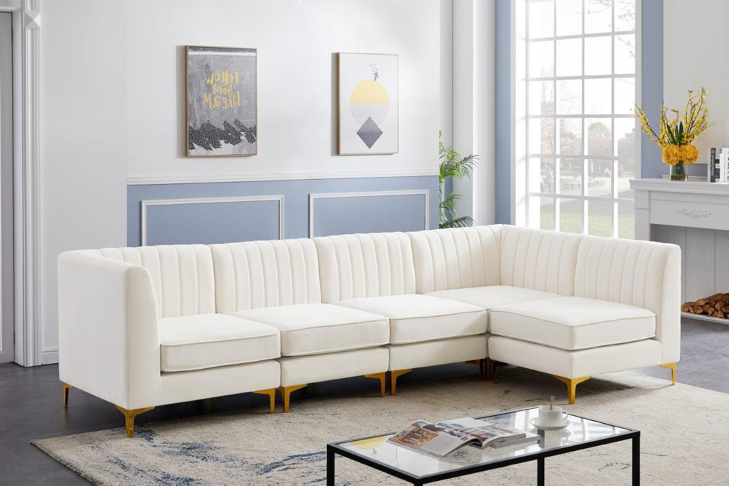 The appearance of Alina Velvet 5 Piece Modular Sectional In Cream designed by Meridian in the modern / contemporary interior design. This cream velvet piece of furniture was selected by 1StopBedrooms from Alina Collection to add a touch of cosiness and style into your home. Sku: 604Cream-Corner;604Cream-Corner;604Cream-Armless;604Cream-Armless;604Cream-Armless. Material: Velvet. Layout: L-Shape.