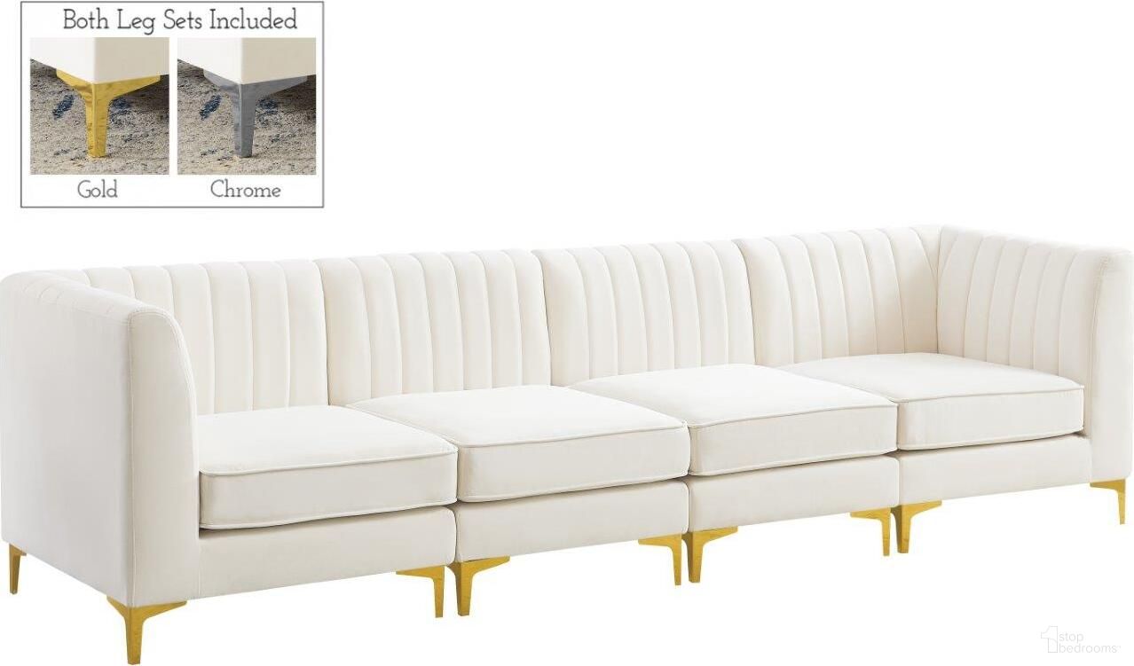 The appearance of Alina Velvet 4 Seater Modular Sofa with Arm Support In Cream designed by Meridian in the modern / contemporary interior design. This cream velvet piece of furniture was selected by 1StopBedrooms from Alina Collection to add a touch of cosiness and style into your home. Sku: 604Cream-Corner;604Cream-Corner;604Cream-Armless;604Cream-Armless. Material: Velvet.