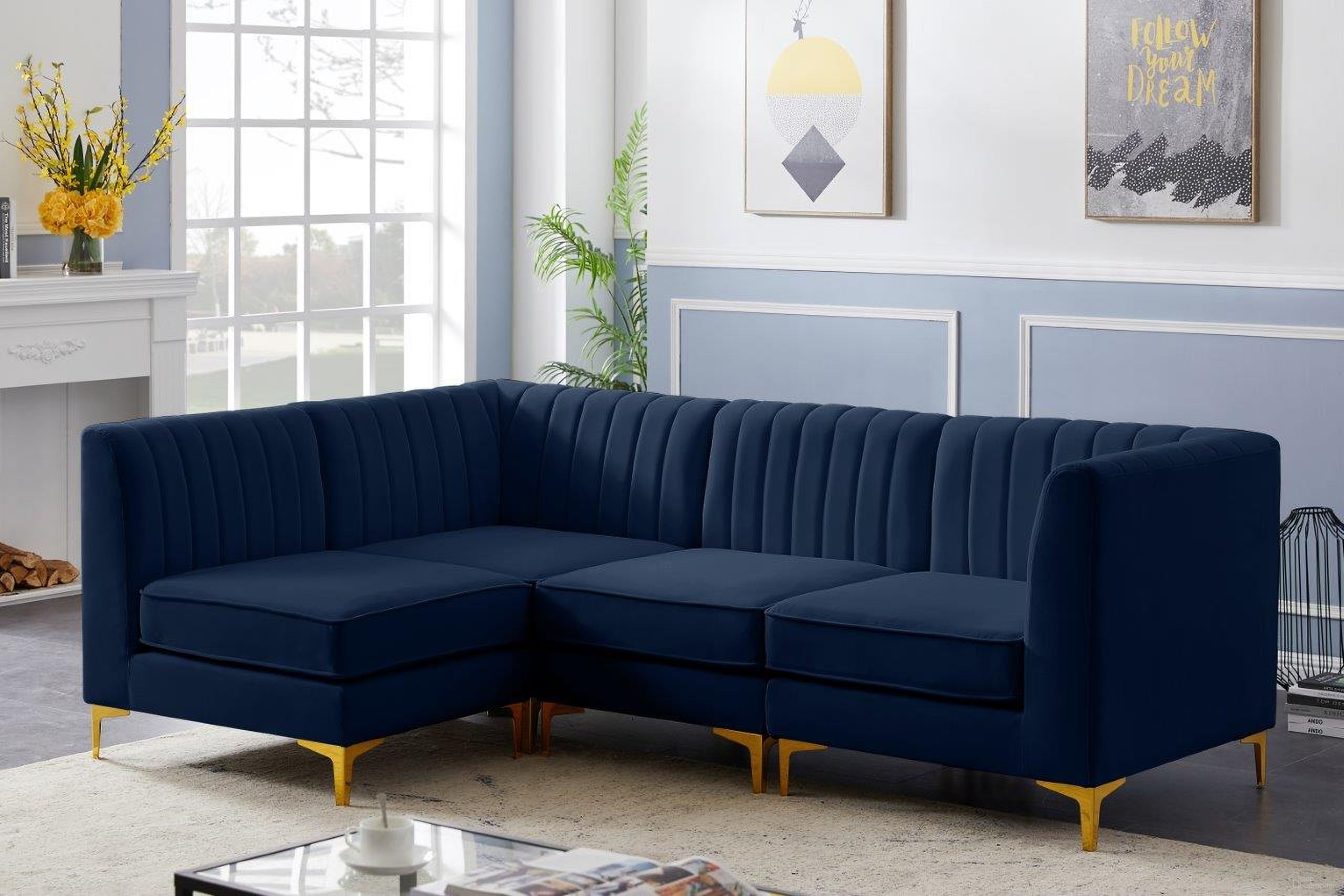 The appearance of Alina Velvet 4 Piece Modular Sectional In Navy designed by Meridian in the modern / contemporary interior design. This navy piece of furniture  was selected by 1StopBedrooms from Alina Collection to add a touch of cosiness and style into your home. Sku: 604Navy-Corner;604Navy-Corner;604Navy-Armless;604Navy-Armless. Material: Velvet. Layout: L-Shape.