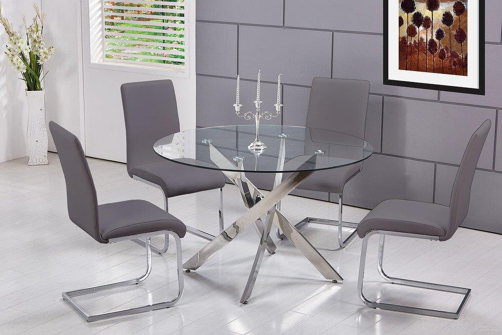 The appearance of Alison 5 Piece Modern Glass Top Dinette Set In Gray designed by Best Master Furniture in the modern / contemporary interior design. This gray piece of furniture  was selected by 1StopBedrooms from Alison Collection to add a touch of cosiness and style into your home. Sku: T01G5. Material: Glass.