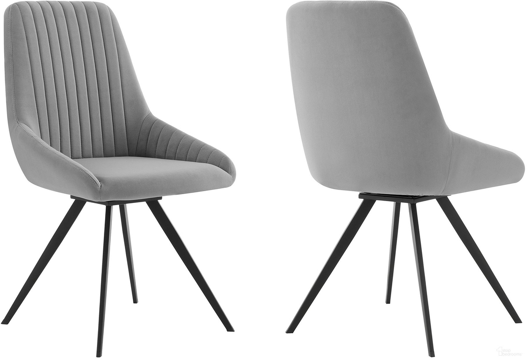 The appearance of Alison Swivel Gray Velvet and Metal Dining Room Chair Set of 2 designed by Armen Living in the glam interior design. This gray piece of furniture  was selected by 1StopBedrooms from Alison Collection to add a touch of cosiness and style into your home. Sku: LCAISIGR. Material: MDF. Chair Type: Side Chair.