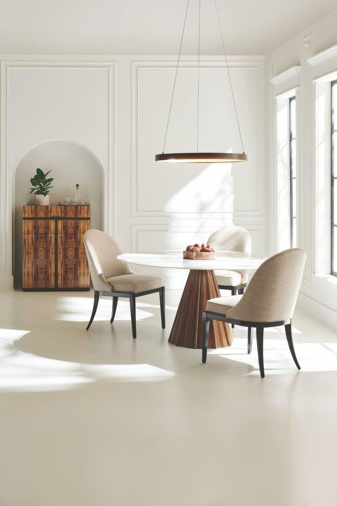 The appearance of All Natural Rich Walnut And White Marble Round Dining Room Set designed by Caracole in the transitional interior design. This white and brown piece of furniture was selected by 1StopBedrooms from Caracole Classic Collection to add a touch of cosiness and style into your home. Sku: CLA-020-203;CLA-421-281. Table Base Style: Pedestal. Table Top Shape: Round. Material: Wood. Size: 60".