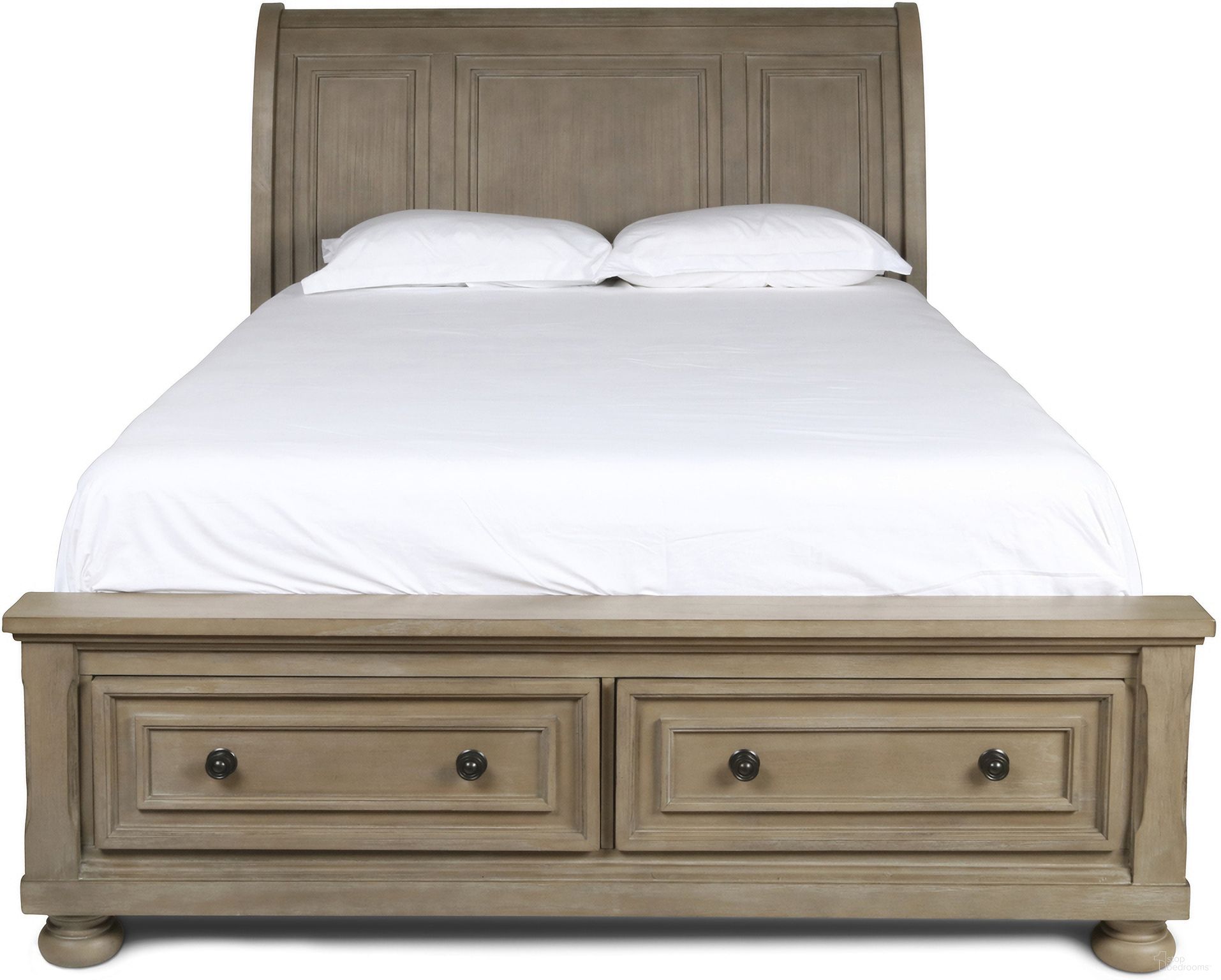 The appearance of Allegra Pewter King Storage Sleigh Bed designed by New Classic in the transitional interior design. This pewter piece of furniture  was selected by 1StopBedrooms from Allegra Collection to add a touch of cosiness and style into your home. Sku: B2159-110;B2159-128;B2159-130. Bed Type: Sleigh Bed. Material: Wood. Bed Size: King.