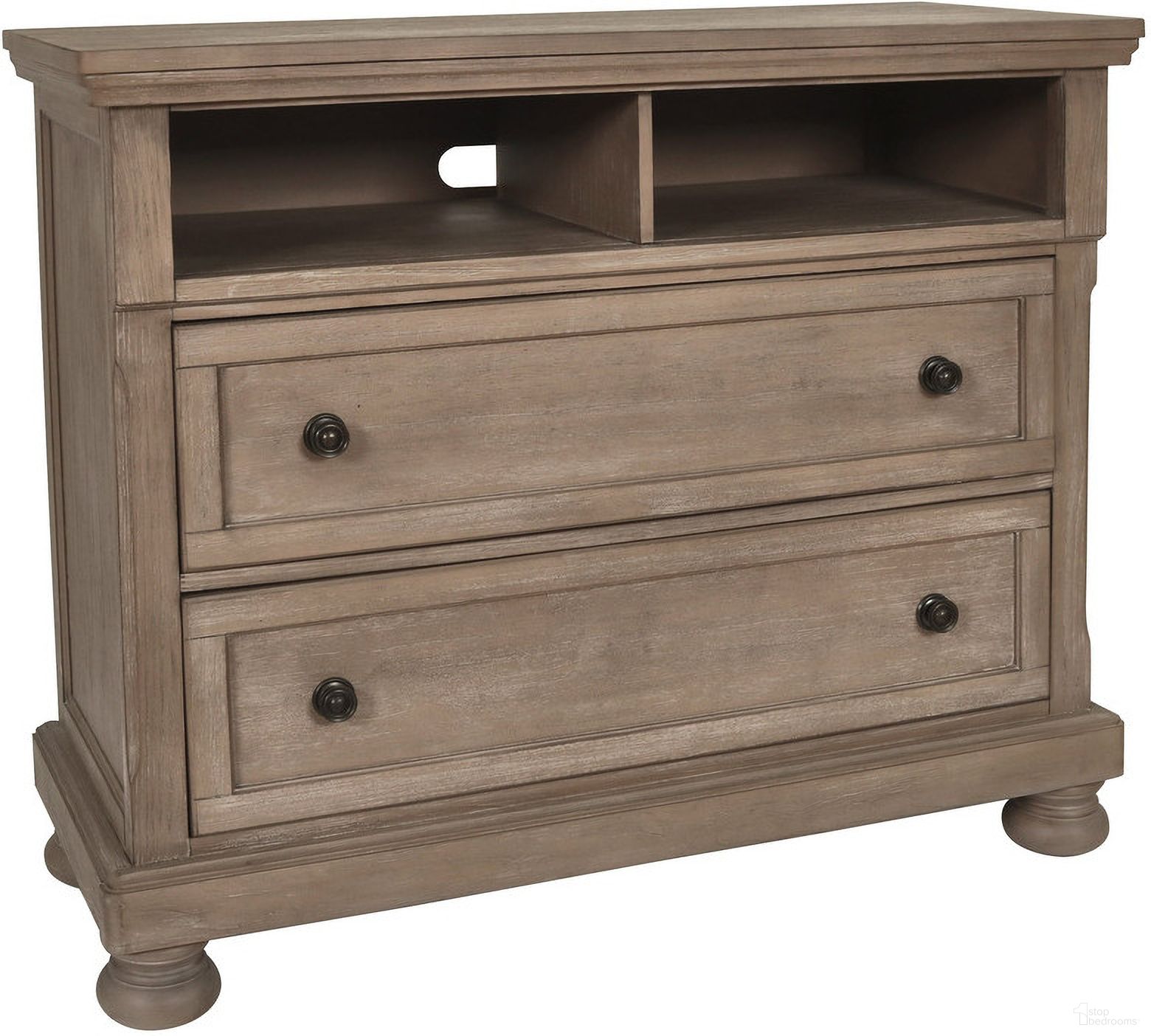The appearance of Allegra Pewter Media Console designed by New Classic in the transitional interior design. This brown piece of furniture was selected by 1StopBedrooms from Allegra Collection to add a touch of cosiness and style into your home. Sku: B2159-078. Material: Wood.