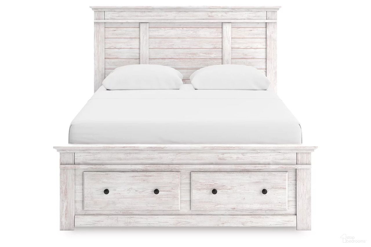 The appearance of Allihauser Queen Panel Storage Bed In White Wash designed by Signature Design by Ashley in the transitional interior design. This white wash piece of furniture  was selected by 1StopBedrooms from Allihauser Collection to add a touch of cosiness and style into your home. Sku: B100-13;NCB1171-54S;NCB1171-57;NCB1171-60;NCB1171-60. Bed Type: Panel Bed. Bed Size: Queen.