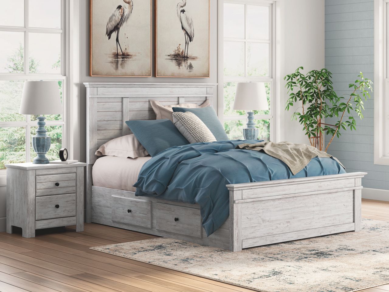 The appearance of Allihauser Storage Panel Bedroom Set In White Wash designed by Signature Design by Ashley in the transitional interior design. This white wash piece of furniture was selected by 1StopBedrooms from Allihauser Collection to add a touch of cosiness and style into your home. Sku: B100-13;NCB1171-54;NCB1171-57;NCB1171-60;NCB1171-95;NCB1171-92. Material: Wood. Bed Size: Queen.