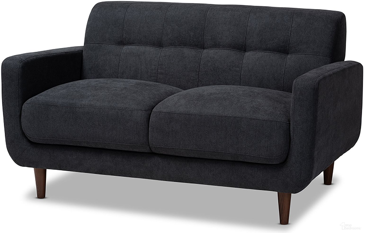 The appearance of Allister Mid-Century Modern Dark Grey Fabric Upholstered Loveseat designed by Baxton Studio in the transitional interior design. This dark grey piece of furniture  was selected by 1StopBedrooms from Allister Collection to add a touch of cosiness and style into your home. Sku: J1453-Dark Grey-LS. Material: MDF.