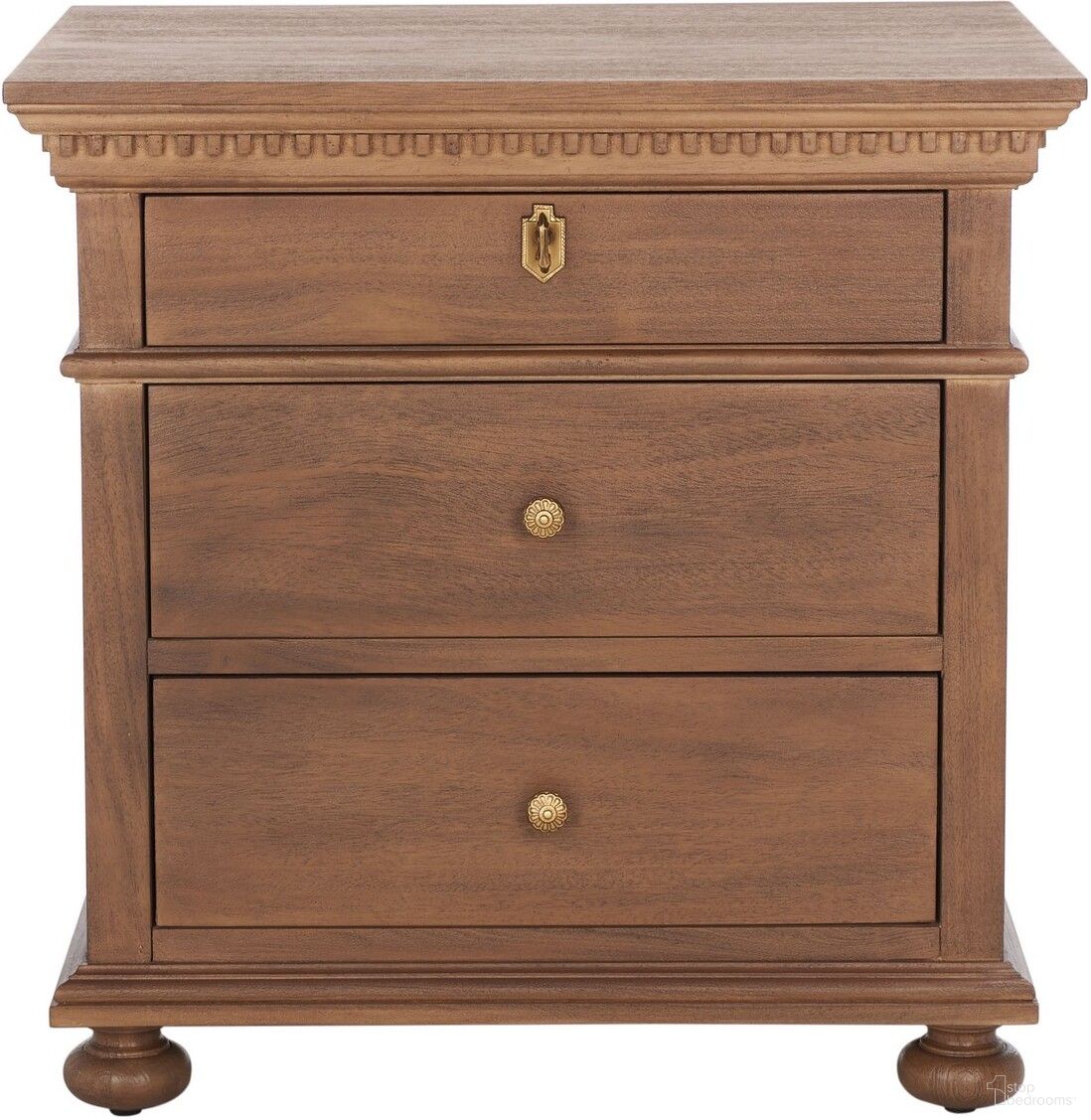 The appearance of Allisyn 3 Drawer Wood Nightstand In Brown designed by Safavieh Couture in the traditional interior design. This brown piece of furniture  was selected by 1StopBedrooms from Allisyn Collection to add a touch of cosiness and style into your home. Sku: SFV7706A. Material: Wood.