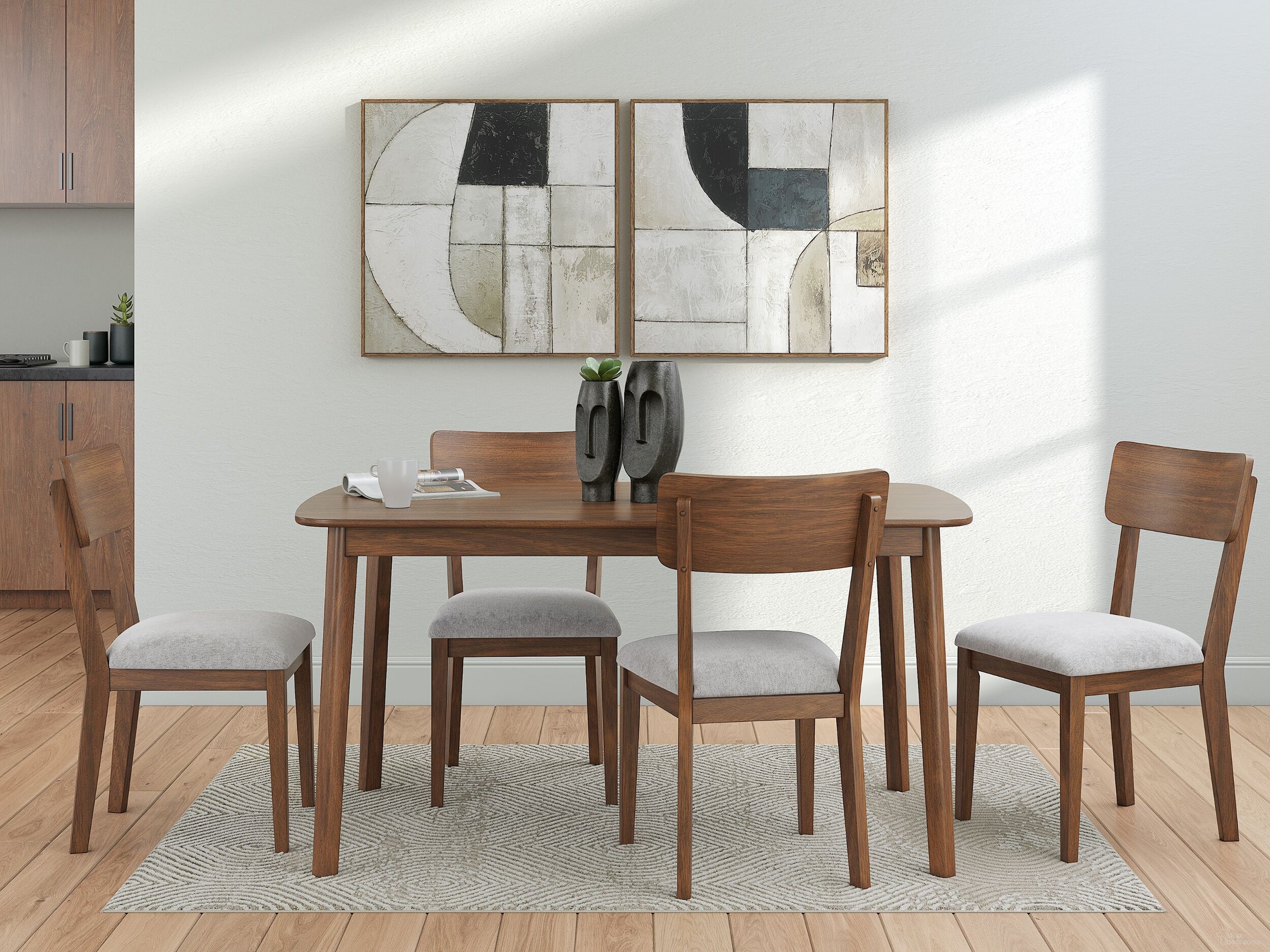 The appearance of Allstream 5 Piece Dining Room Set In Brown designed by Signature Design by Ashley in the transitional interior design. This brown piece of furniture  was selected by 1StopBedrooms from Allstream Collection to add a touch of cosiness and style into your home. Sku: NCD609-225. Table Base Style: Legs. Material: Wood. Table Top Shape: Rectangular. Size: 37" x 48".
