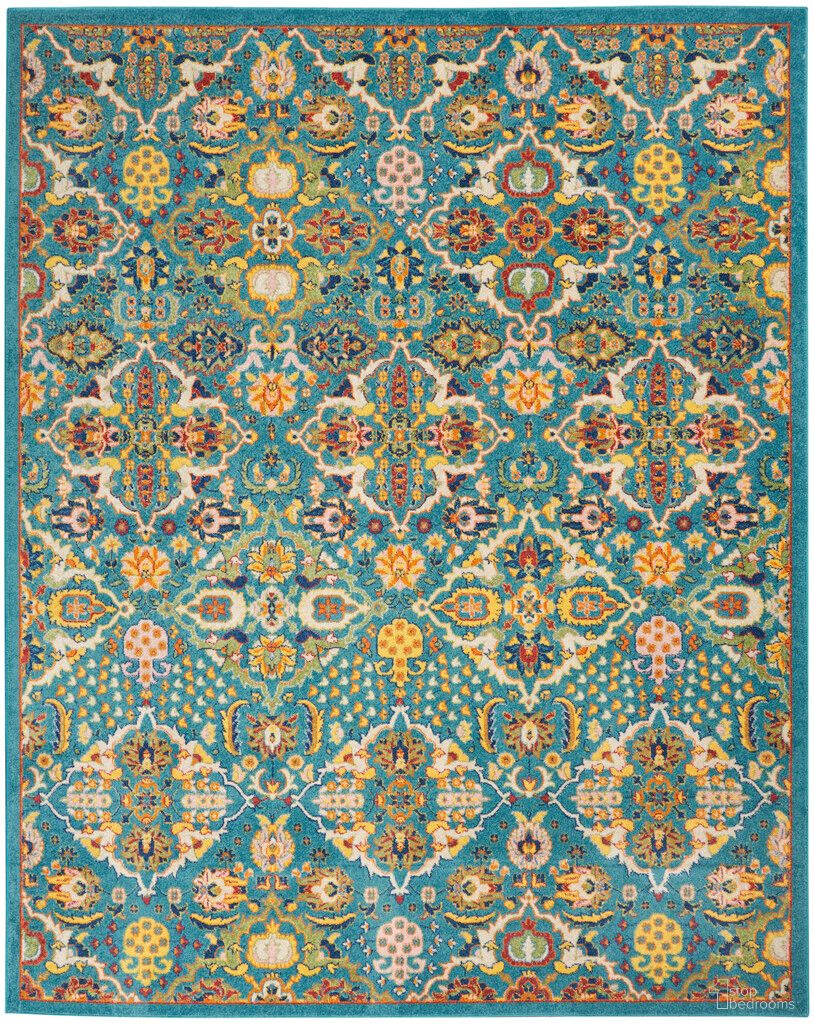 The appearance of Allur 7'10" x 9'10" Indoor Rug In Ivory and Turquoise designed by Nourison in the bohemian interior design. This ivory and turquoise piece of furniture was selected by 1StopBedrooms from Allur Collection to add a touch of cosiness and style into your home. Sku: 99446841513. Material: Polypropylene.