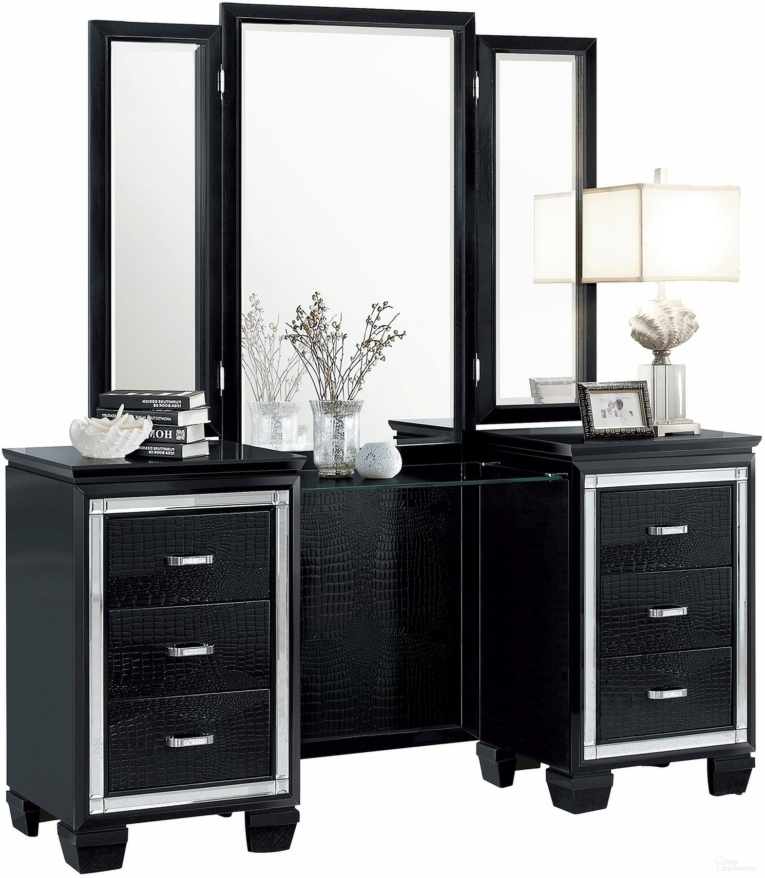 The appearance of Allura Black Vanity with Mirror designed by Homelegance in the modern / contemporary interior design. This black piece of furniture was selected by 1StopBedrooms from Allura Collection to add a touch of cosiness and style into your home. Sku: 1916BK-15R;1916BK-15L;1916BK-15M. Material: Wood.