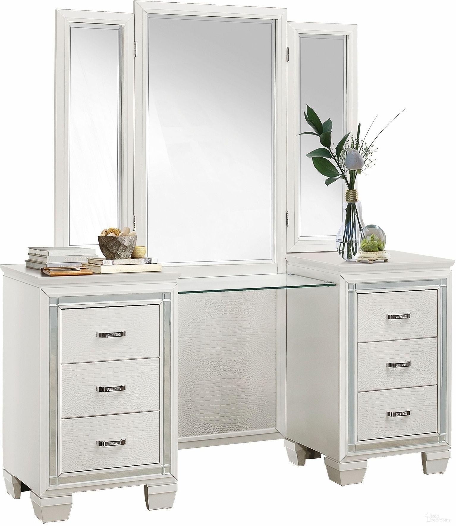 The appearance of Allura White Vanity Dresser w/Mirror designed by Homelegance in the modern / contemporary interior design. This white piece of furniture  was selected by 1StopBedrooms from Allura Collection to add a touch of cosiness and style into your home. Sku: 1916W-15L;1916W-15M;1916W-15R. Material: Engineered Wood.