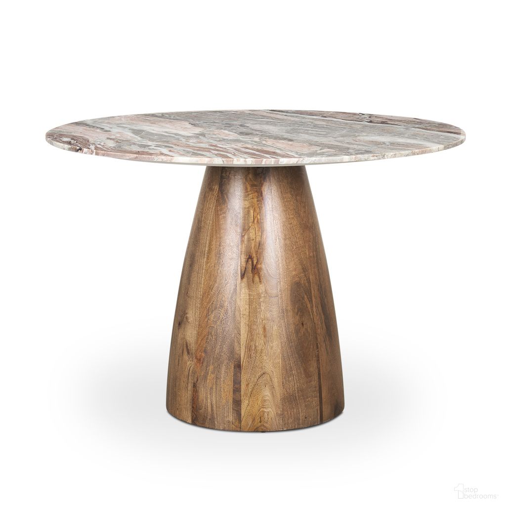 The appearance of Allyson 54 Inch Round Marble Pedestal Dining Table In Light Brown and Pink designed by Mercana in the modern / contemporary interior design. This light brown/pink piece of furniture  was selected by 1StopBedrooms from Allyson Collection to add a touch of cosiness and style into your home. Sku: 71103-AB. Table Base Style: Pedestal. Table Top Shape: Round. Size: 54". Material: Solid Wood.