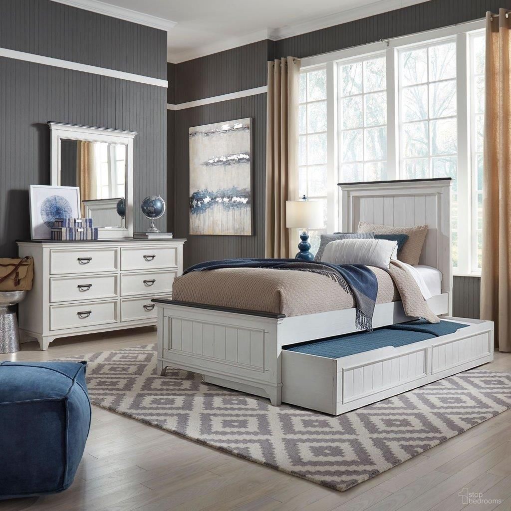 The appearance of Allyson Park Wire Brushed White And Charcoal Youth Trundle Bedroom Set designed by Liberty in the country / farmhouse interior design. This white piece of furniture was selected by 1StopBedrooms from Allyson Park Collection to add a touch of cosiness and style into your home. Sku: 417-YBR-FTR;417-BR60. Bed Type: Panel Bed. Bed Size: Full. Material: Rubberwood.