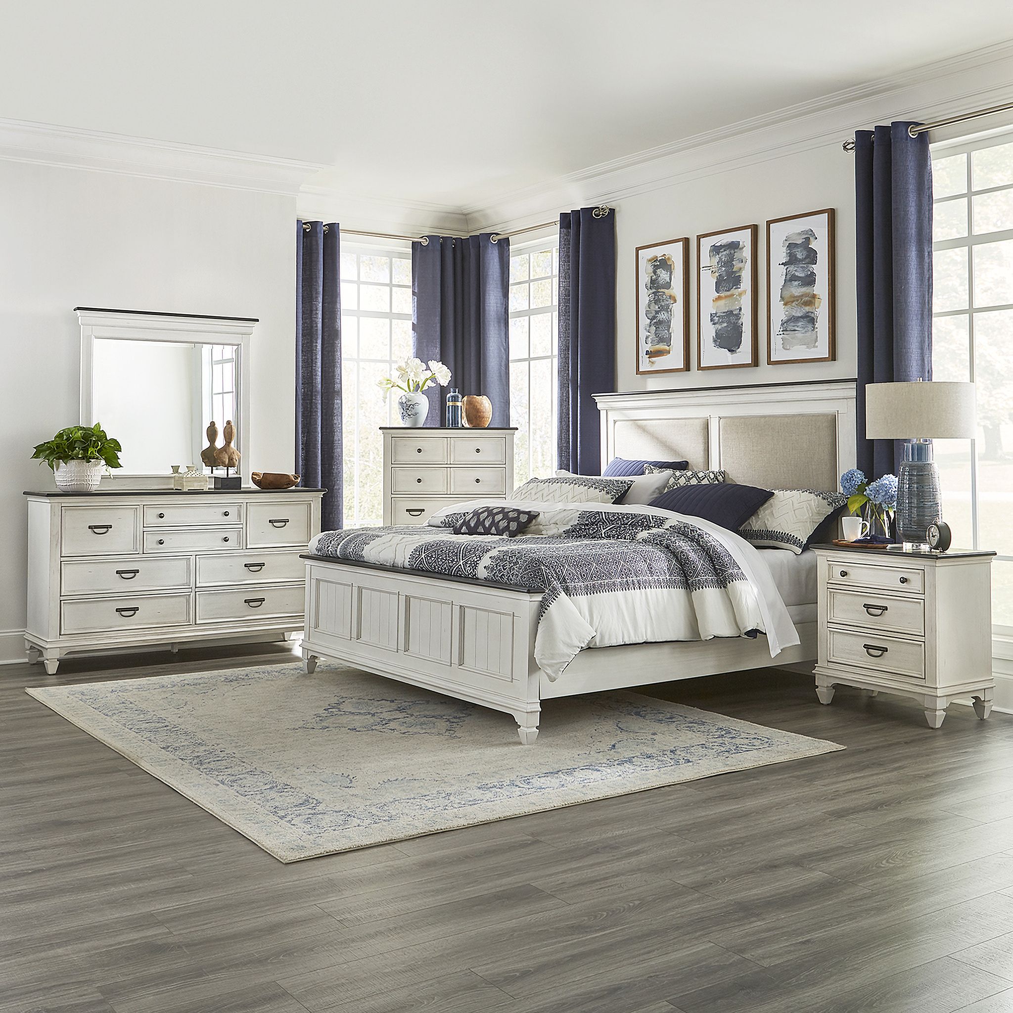 The appearance of Allyson Park Wire Brushed White Panel Bedroom Set designed by Liberty in the traditional interior design. This white piece of furniture was selected by 1StopBedrooms from Allyson Park Collection to add a touch of cosiness and style into your home. Sku: 417-BR13;417-BR14;417-BR90;417-BR61. Bed Type: Panel Bed. Bed Size: Queen. Material: Pine.