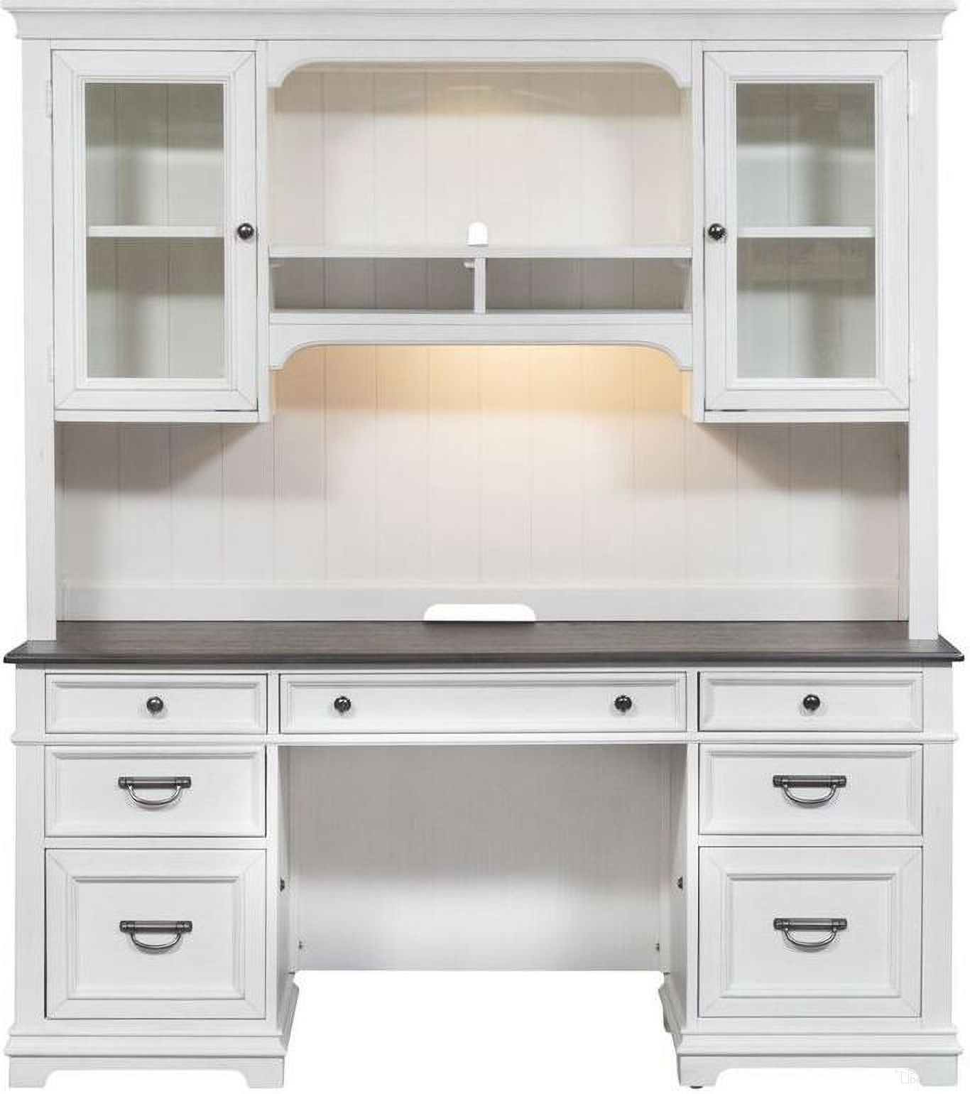 The appearance of Allyson Park Wirebrushed White Credenza with Hutch designed by Liberty in the country / farmhouse interior design. This white piece of furniture was selected by 1StopBedrooms from Allyson Park Collection to add a touch of cosiness and style into your home. Sku: 417-HO120B;417-HO120T;417-HO132. Material: Pine.