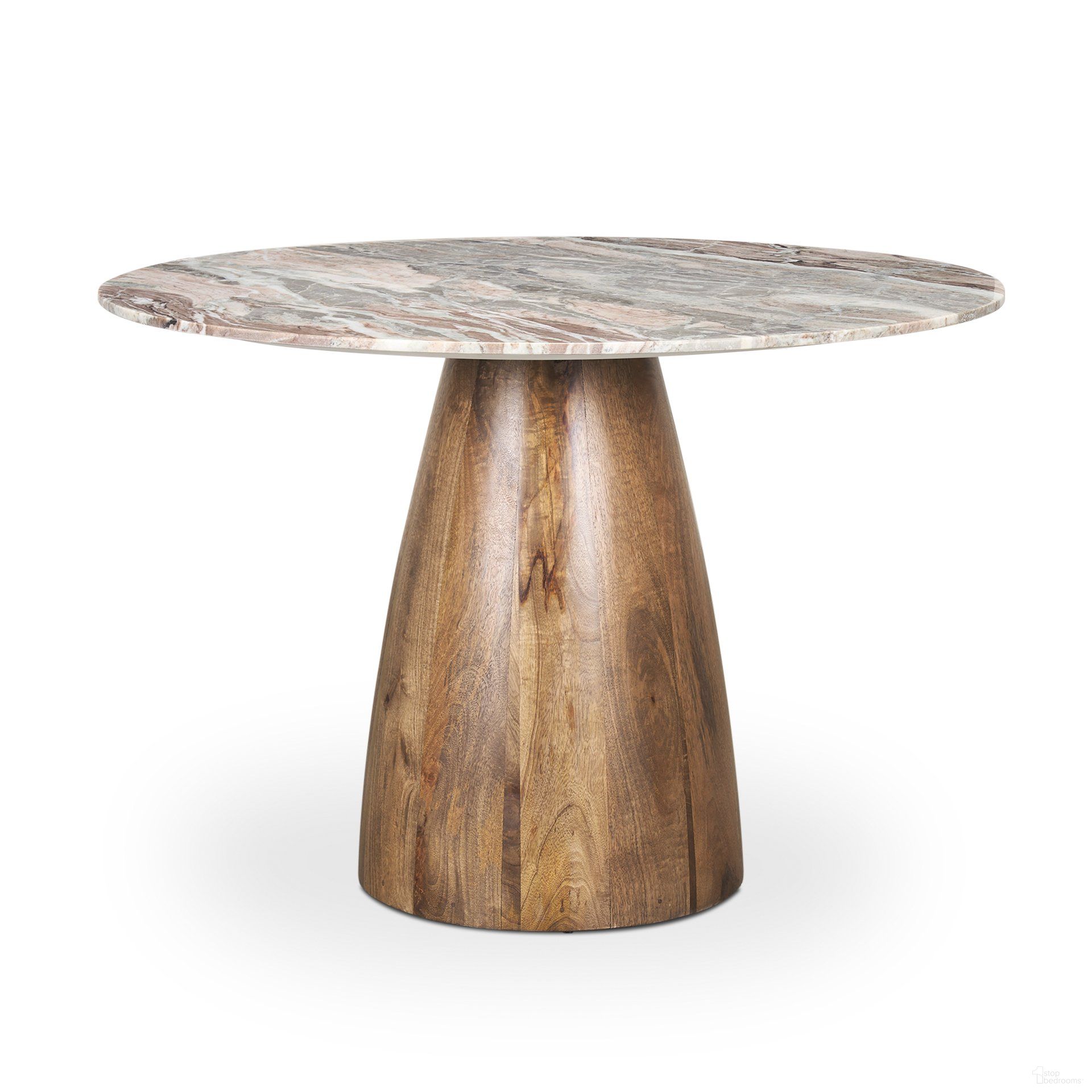 The appearance of Allyson Pink Marble Pedestal Round Dining Table In Medium Brown designed by Mercana in the modern / contemporary interior design. This light brown/pink piece of furniture  was selected by 1StopBedrooms from Allyson Collection to add a touch of cosiness and style into your home. Sku: 70564-AB. Table Base Style: Pedestal. Table Top Shape: Oval. Size: 42". Material: Solid Wood.
