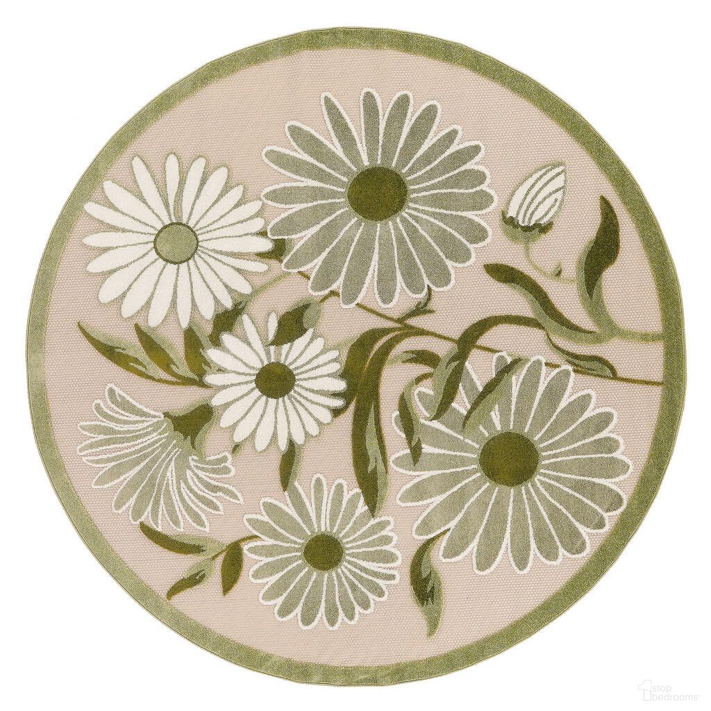 Aloha 5'3" x 5'3" Round Outdoor Rug In Ivory and Green