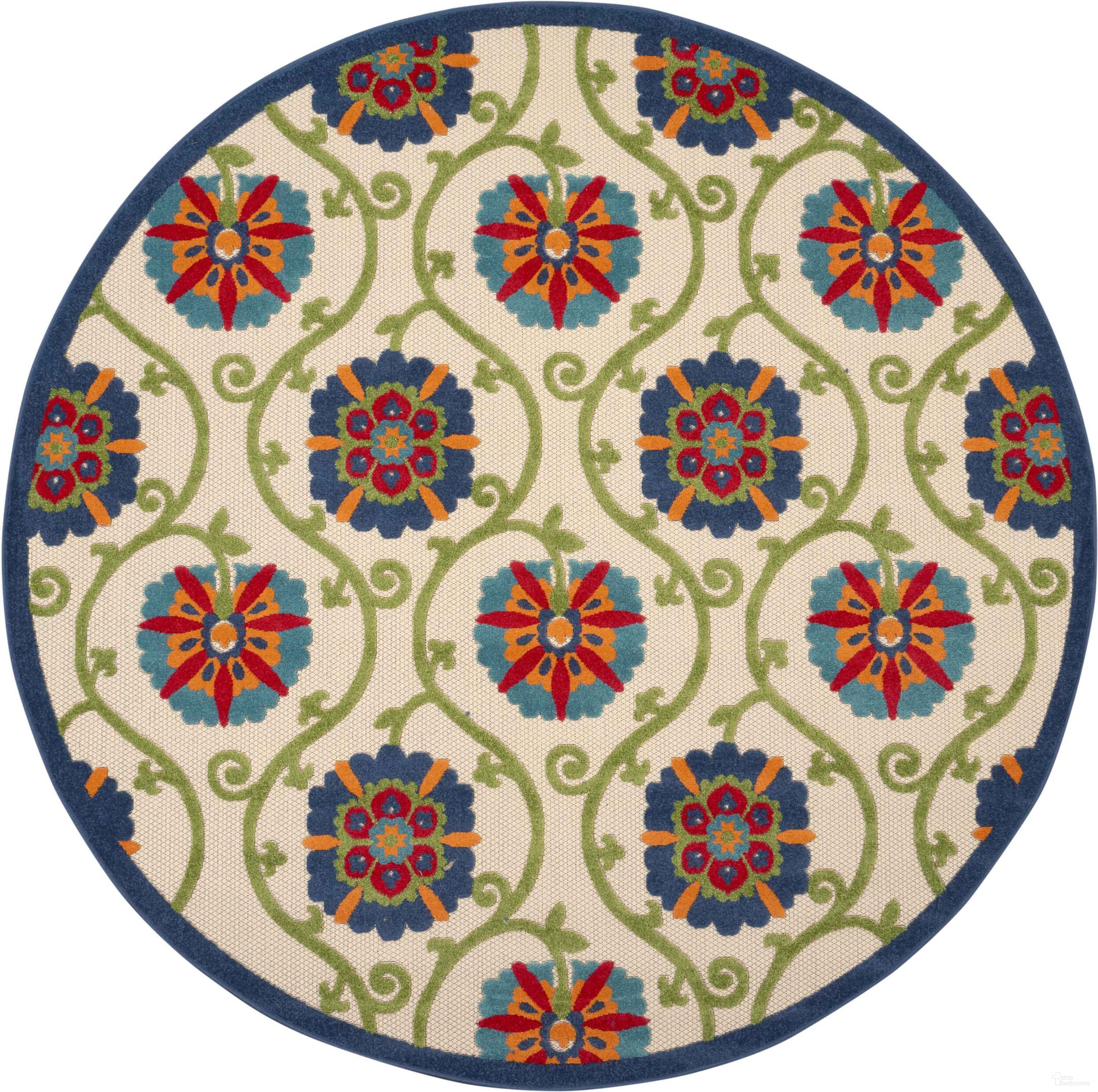 The appearance of Aloha Blue and Multicolor 7'10" x 7'10" Round Contemporary Area Rug designed by Nourison in the modern / contemporary interior design. This blue and multicolor piece of furniture was selected by 1StopBedrooms from Aloha Collection to add a touch of cosiness and style into your home. Sku: 99446498786. Material: Polypropylene.