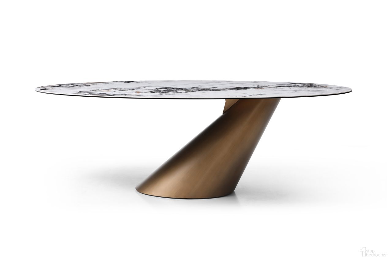 The appearance of Alondra Ceramic Top Dining Table In Bronze designed by Whiteline Modern Living in the modern / contemporary interior design. This bronze piece of furniture  was selected by 1StopBedrooms from Alondra Collection to add a touch of cosiness and style into your home. Sku: DT1931-BRZ. Table Base Style: Pedestal. Table Top Shape: Oval. Material: Ceramic. Size: 47" x 94".