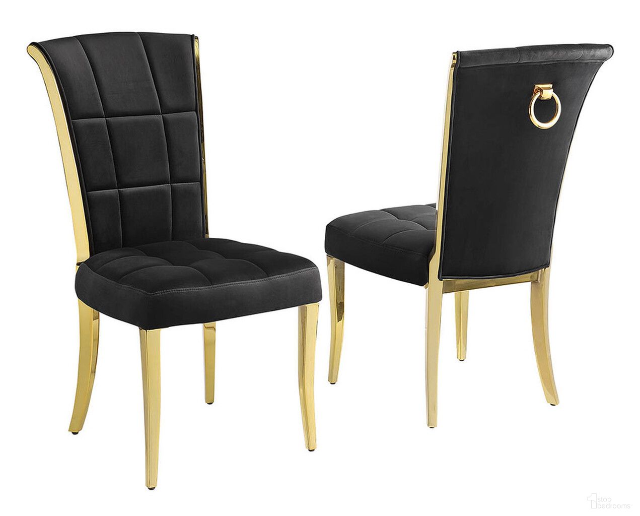 The appearance of Alondra Side Chairs Set of 2 In Black Velvet and Gold Chrome designed by Best Quality Furniture in the modern / contemporary interior design. This black and gold piece of furniture was selected by 1StopBedrooms from Alondra Collection to add a touch of cosiness and style into your home. Sku: SC326. Material: Velvet. Chair Type: Side Chair.