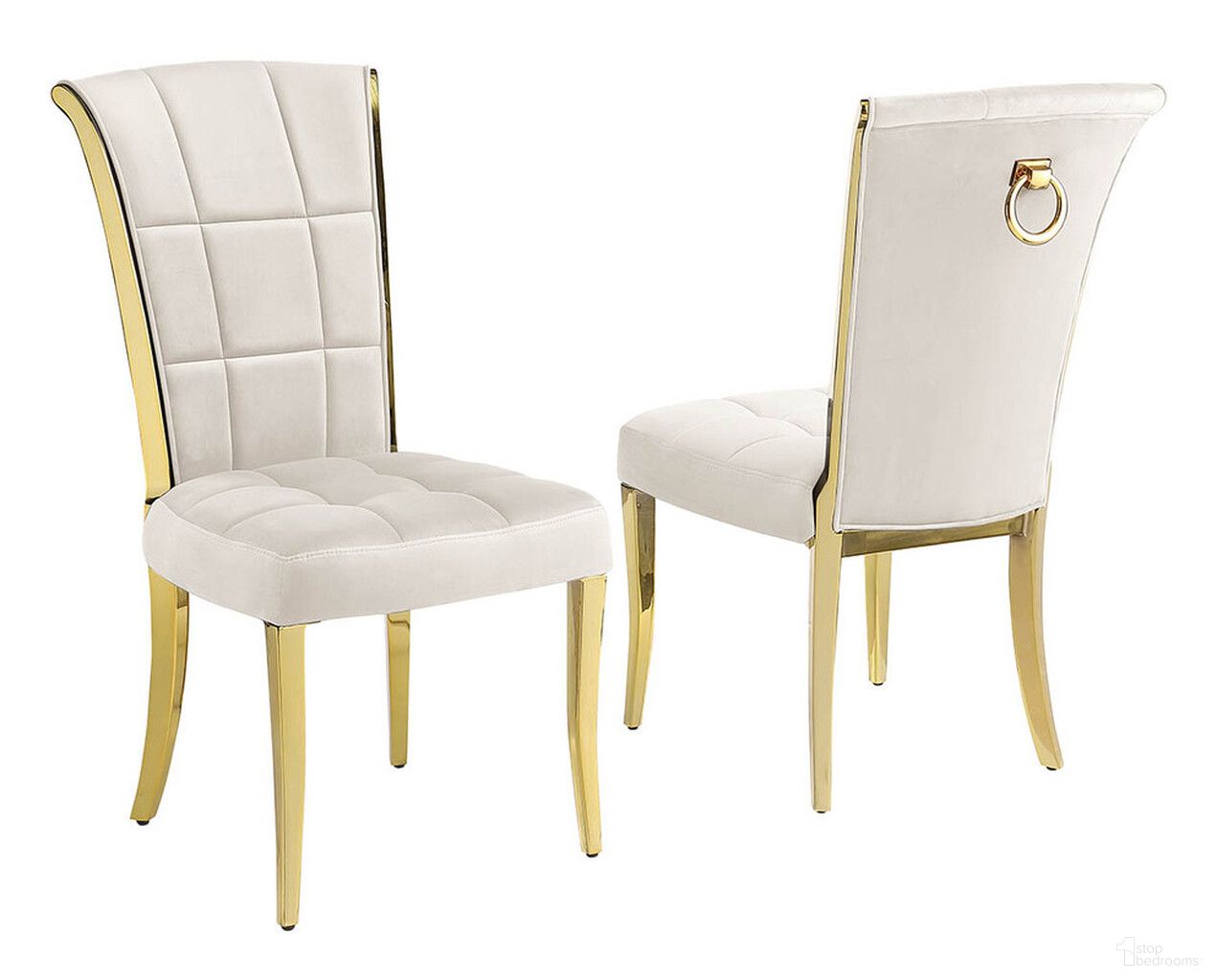 The appearance of Alondra Side Chairs Set of 2 In Cream Velvet and Gold Chrome designed by Best Quality Furniture in the modern / contemporary interior design. This cream/gold piece of furniture was selected by 1StopBedrooms from Alondra Collection to add a touch of cosiness and style into your home. Sku: SC327. Material: Velvet. Chair Type: Side Chair.