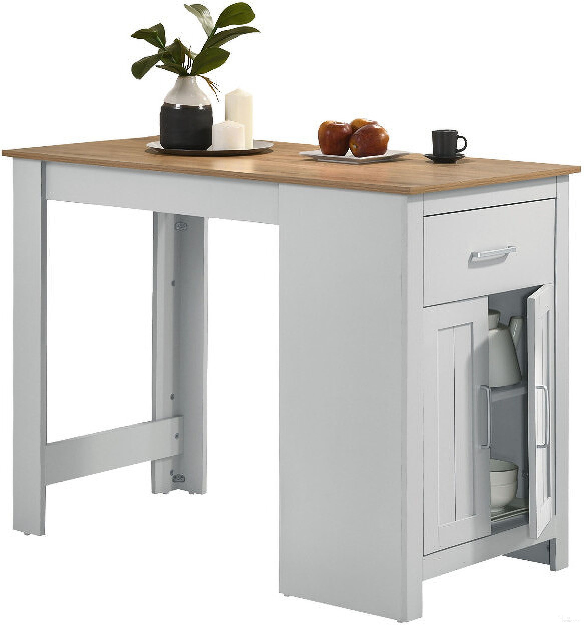 The appearance of Alonzo 47 Inch Small Space Counter Height Dining Table with Cabinet and Drawer Storage In Oak and White designed by Lilola Home in the modern / contemporary interior design. This oak and white piece of furniture  was selected by 1StopBedrooms from Alonzo Collection to add a touch of cosiness and style into your home. Sku: 30501. Table Base Style: Double Pedestal. Material: Wood. Table Top Shape: Rectangular. Size: 47".