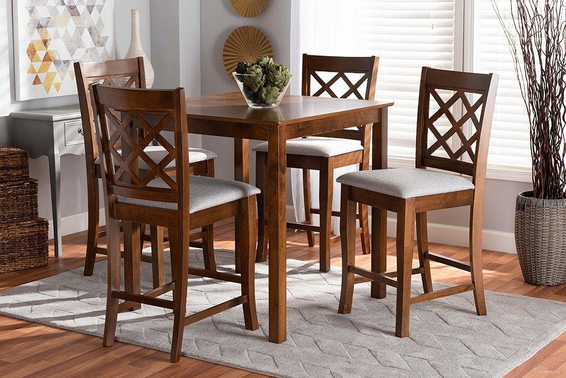 The appearance of Alora Modern and Contemporary Grey Fabric Upholstered Walnut Brown Finished 5-Piece Wood Pub Set designed by Baxton Studio in the modern / contemporary interior design. This grey and dark brown piece of furniture  was selected by 1StopBedrooms from Alora Collection to add a touch of cosiness and style into your home. Sku: RH320P-Grey/Walnut-5PC Pub Set. Material: MDF.