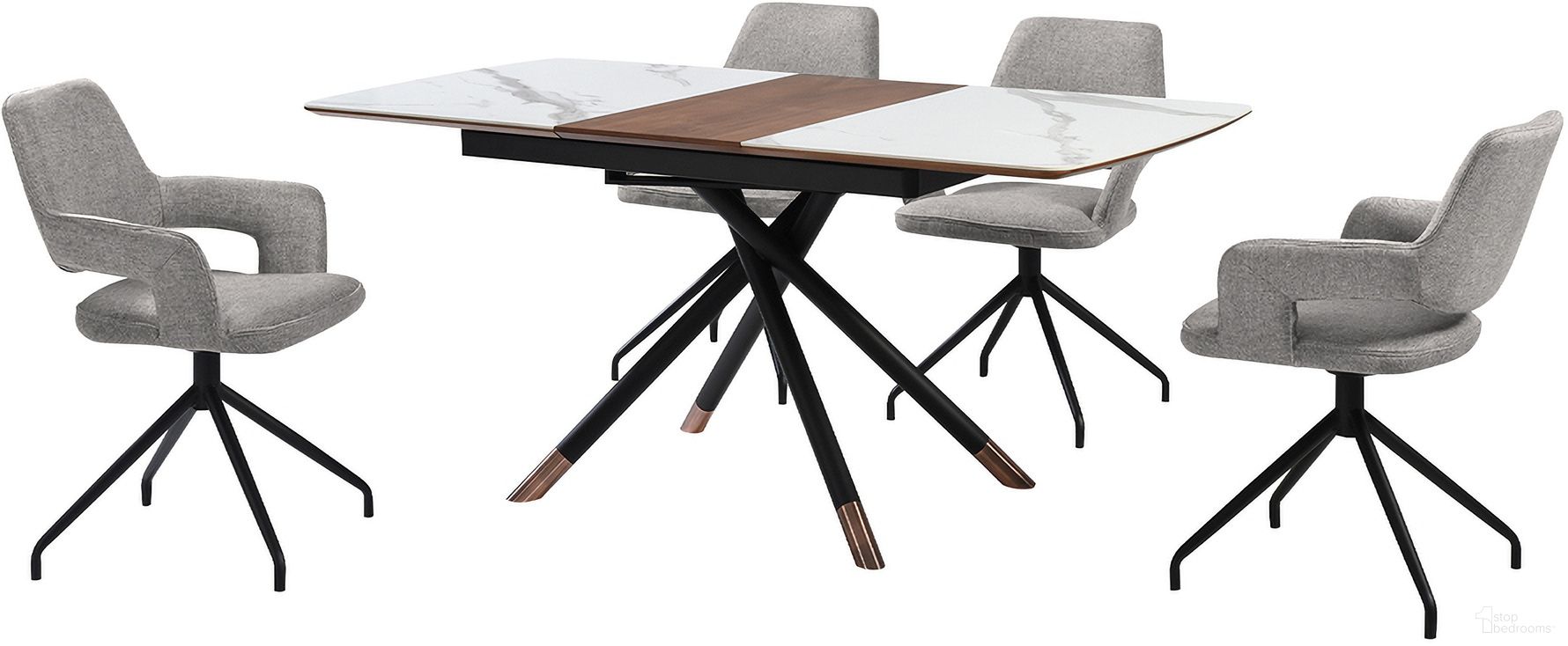 The appearance of Alora Penny 5 Piece Extendable Dining Set In Gray designed by Armen Living in the modern / contemporary interior design. This gray piece of furniture  was selected by 1StopBedrooms from Alora Collection to add a touch of cosiness and style into your home. Sku: LCPESIGRYBLK;LCPESIGRYBLK;LCALDIBLKACTOP;LCALDIBLKACBA. Material: MDF.