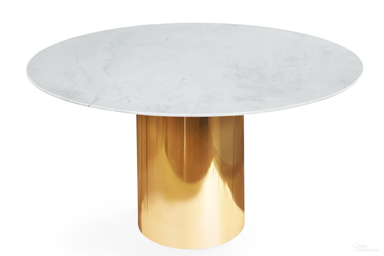 The appearance of Alphaville 54 Inch Dining Table In Honed Brass and White Marble designed by Jonathan Adler in the modern / contemporary interior design. This honed brass and white marble piece of furniture  was selected by 1StopBedrooms from Alphaville Collection to add a touch of cosiness and style into your home. Sku: 33197. Table Base Style: Pedestal. Table Top Shape: Round. Material: Brass. Size: 54".