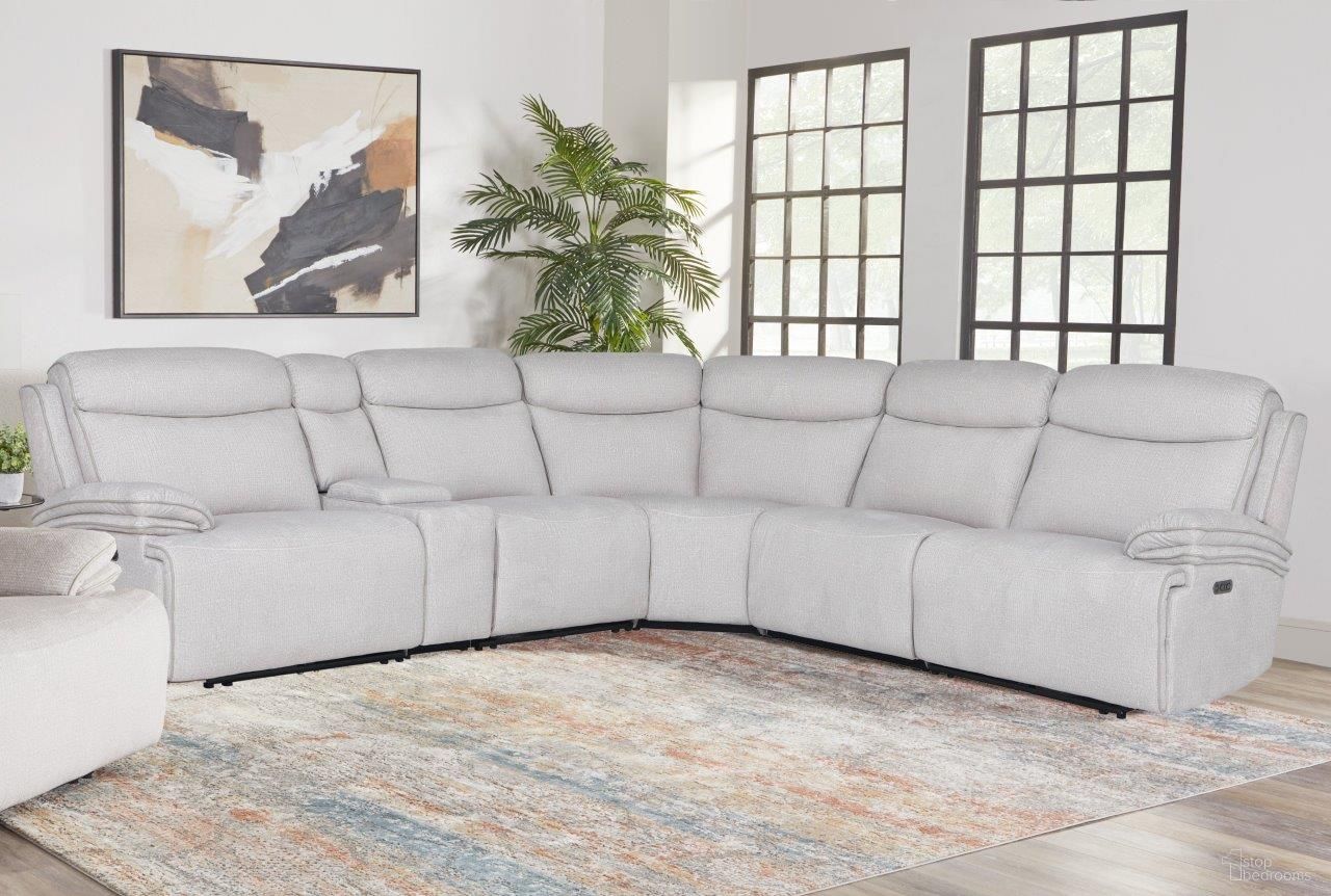 The appearance of Alpine 6-Piece Sectional In Airy Snow designed by Parker House in the modern / contemporary interior design. This airy snow piece of furniture was selected by 1StopBedrooms from Alpine Collection to add a touch of cosiness and style into your home. Sku: MALP#811LPHZ-AISN;MALP#811RPHZ-AISN;MALP#810PHZ-AISN;MALP#840T-AISN;MALP#850-AISN;MALP#860T-AISN. Material: Polyester. Layout: L-Shape.