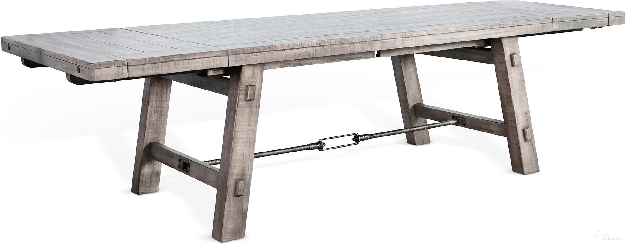 The appearance of Alpine Extension Table with Turnbuckle In Grey designed by Sunny Designs in the rustic / southwestern interior design. This alpine grey piece of furniture  was selected by 1StopBedrooms from Alpine Grey Collection to add a touch of cosiness and style into your home. Sku: 1380AG. Table Base Style: Trestle. Table Top Shape: Rectangular. Size: 40" x 106". Material: Solid Wood.