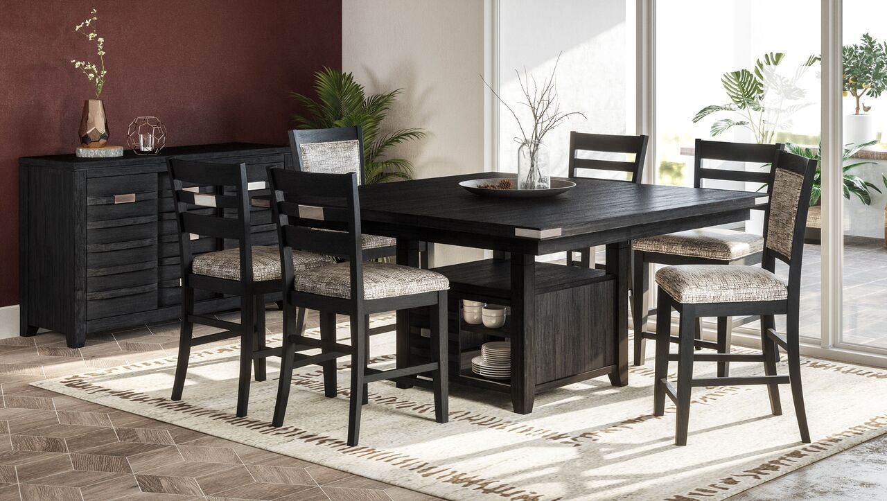 The appearance of Altamonte Square Counter Height Dining Set with Upholstered Stools (Charcoal) designed by Jofran in the modern / contemporary interior design. This dark charcoal piece of furniture  was selected by 1StopBedrooms from Altamonte Collection to add a touch of cosiness and style into your home. Sku: 1851-60;1851-BS520KD. Table Base Style: Trestle. Table Top Shape: Square. Material: Wood Veneer. Size: 48" x 60".