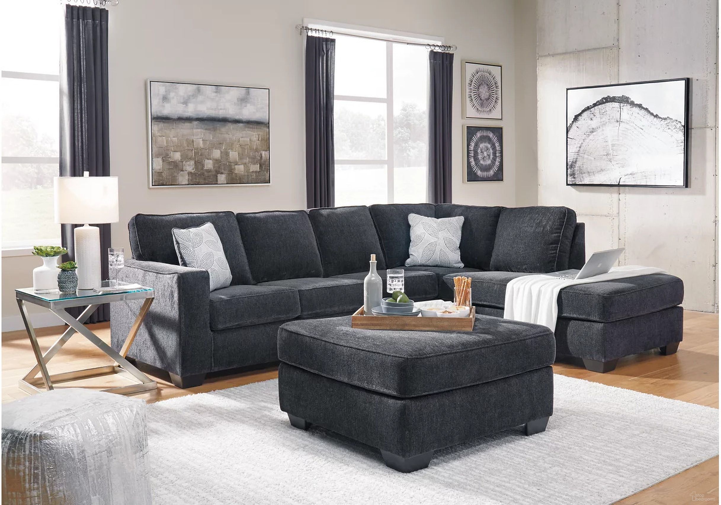 The appearance of Altari 2-Piece RAF Sectional and Ottoman In Slate designed by Signature Design by Ashley in the transitional interior design. This slate piece of furniture was selected by 1StopBedrooms from Altari Collection to add a touch of cosiness and style into your home. Sku: 8721366;8721308;8721317. Material: Chenille. Orientation: RAF. Layout: RAF.