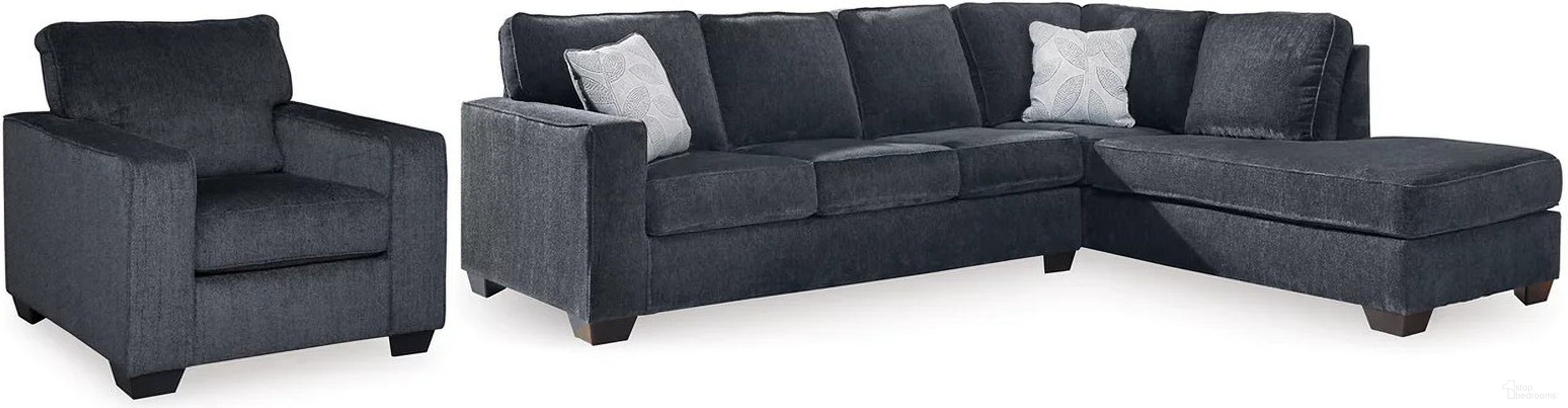 The appearance of Altari 2-Piece Sectional and Chair In Slate designed by Signature Design by Ashley in the transitional interior design. This slate piece of furniture was selected by 1StopBedrooms from Altari Collection to add a touch of cosiness and style into your home. Sku: 8721366;8721320;8721317. Material: Chenille.