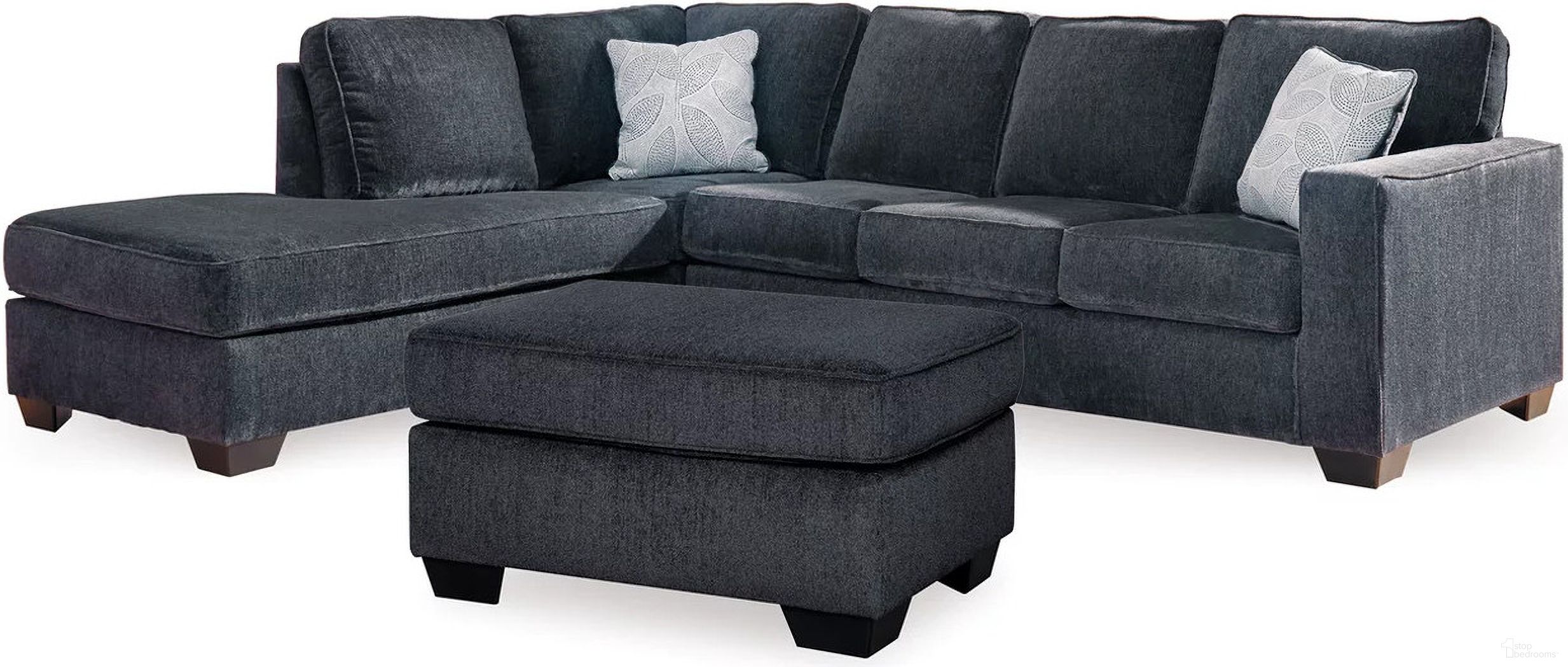 The appearance of Altari 2-Piece Sectional with Chaise and Ottoman In Slate designed by Signature Design by Ashley in the transitional interior design. This slate piece of furniture was selected by 1StopBedrooms from Altari Collection to add a touch of cosiness and style into your home. Sku: 8721316;8721314;8721367. Material: Chenille.