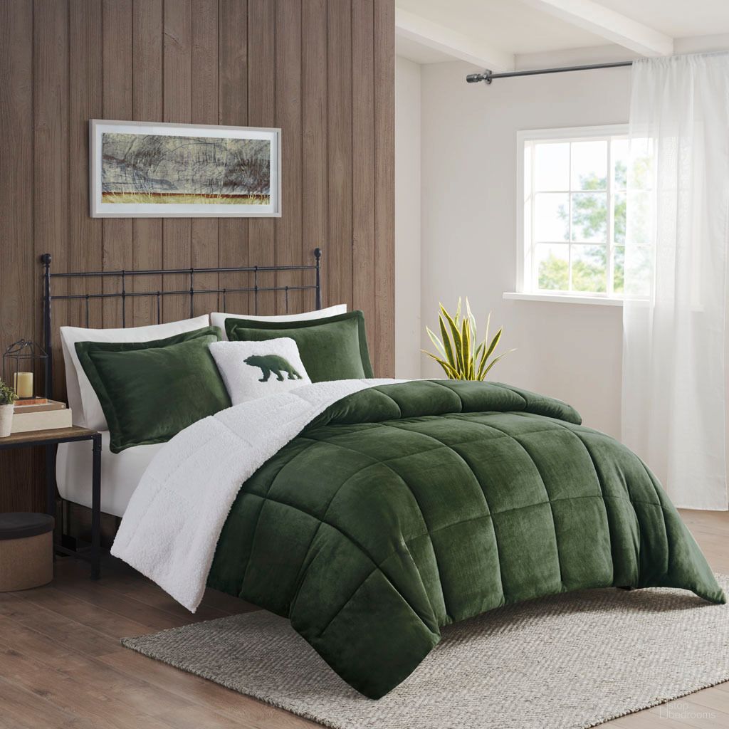 The appearance of Alton Plush To Sherpa Down Alternative 4 Piece King Comforter Set In Green and Ivory designed by Olliix in the cabin / lodge interior design. This ivory and green piece of furniture was selected by 1StopBedrooms from Alton Collection to add a touch of cosiness and style into your home. Sku: WR10-3887. Material: Polyester. Bed Size: King.