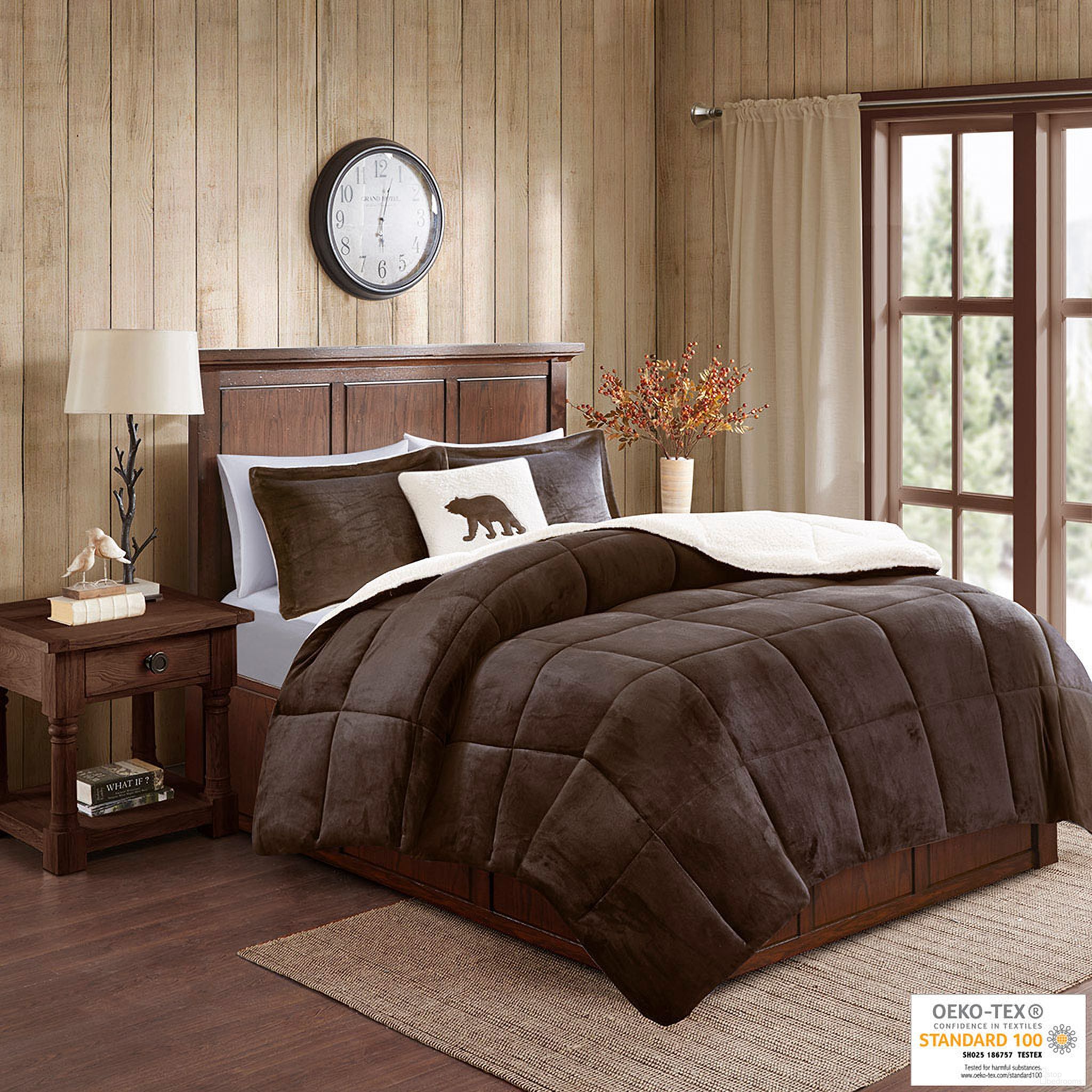 Alton Polyester Solid Low Pile Velour To Berber 4 Piece Queen Comforter Set In Brown/Ivory