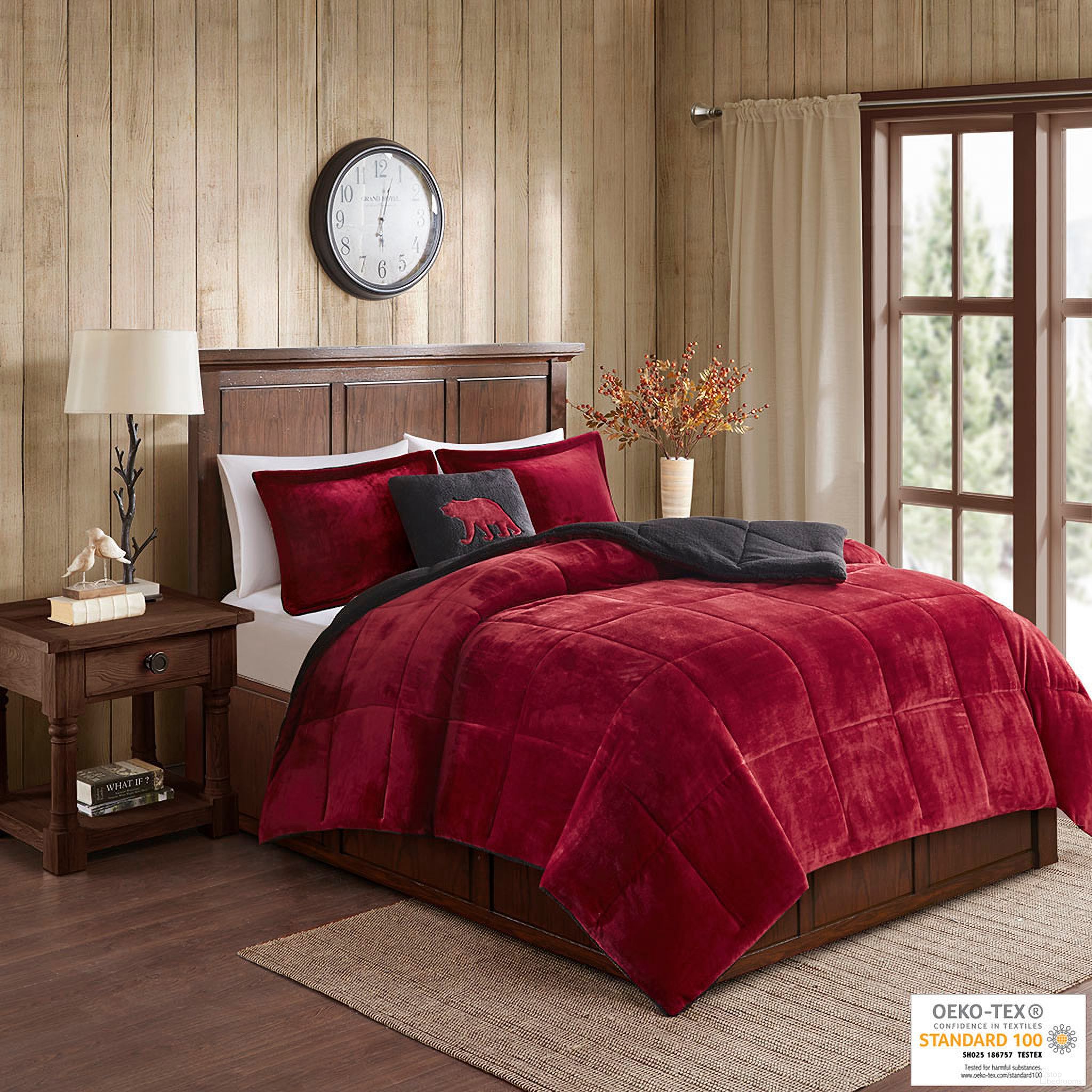 Alton Polyester Solid Velour To Berber 4 Piece Queen Comforter Set In Red/Black