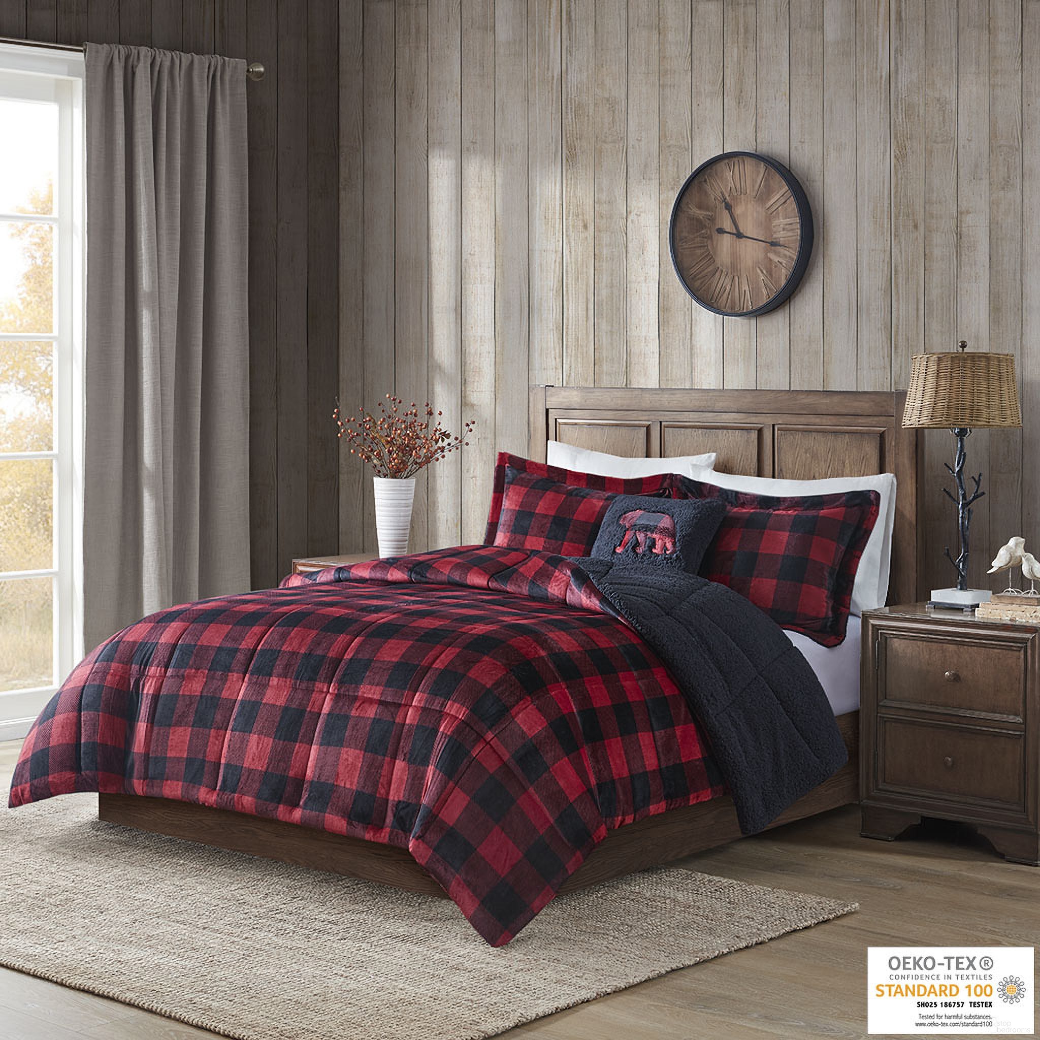 Alton Polyester Woolrich Print Low Pile Velour 4 Piece King Comforter Set In Red/Black Buffalo Check