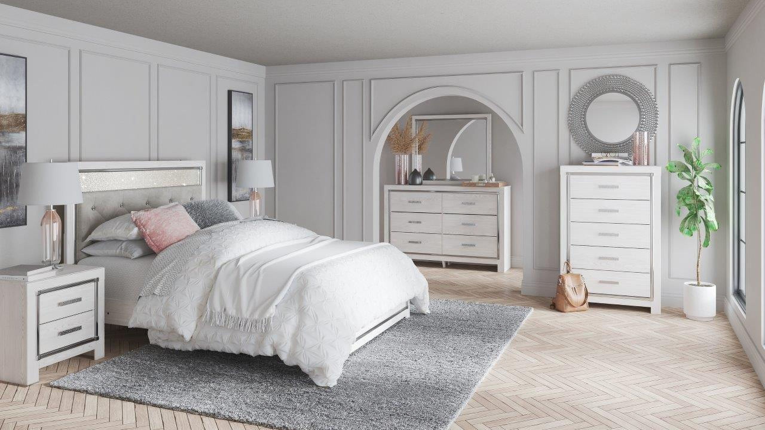 The appearance of Altyra Panel Bedroom Set In White designed by Signature Design by Ashley in the modern / contemporary interior design. This white piece of furniture was selected by 1StopBedrooms from Altyra Collection to add a touch of cosiness and style into your home. Sku: B100-13;B2640-54;B2640-57;B2640-95;B2640-92. Bed Type: Panel Bed. Material: Fabric. Bed Size: Queen.