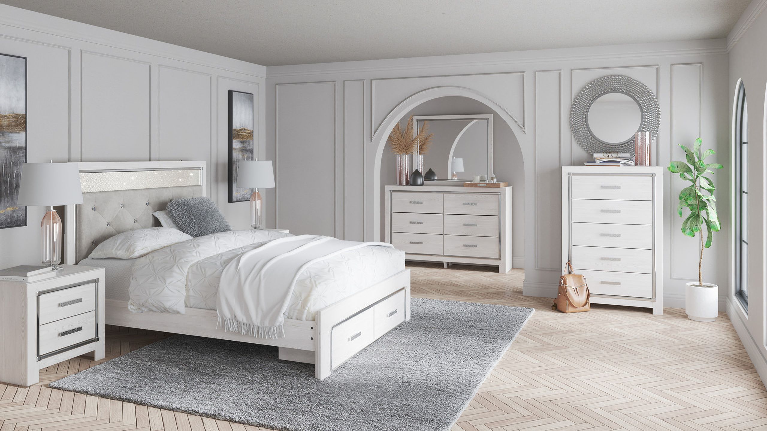 The appearance of Altyra Panel Storage Bedroom Set In White designed by Signature Design by Ashley in the modern / contemporary interior design. This white piece of furniture was selected by 1StopBedrooms from Altyra Collection to add a touch of cosiness and style into your home. Sku: B2640-54S;B2640-57;B2640-96;B2640-92. Bed Type: Storage Bed. Material: Wood. Bed Size: Queen.