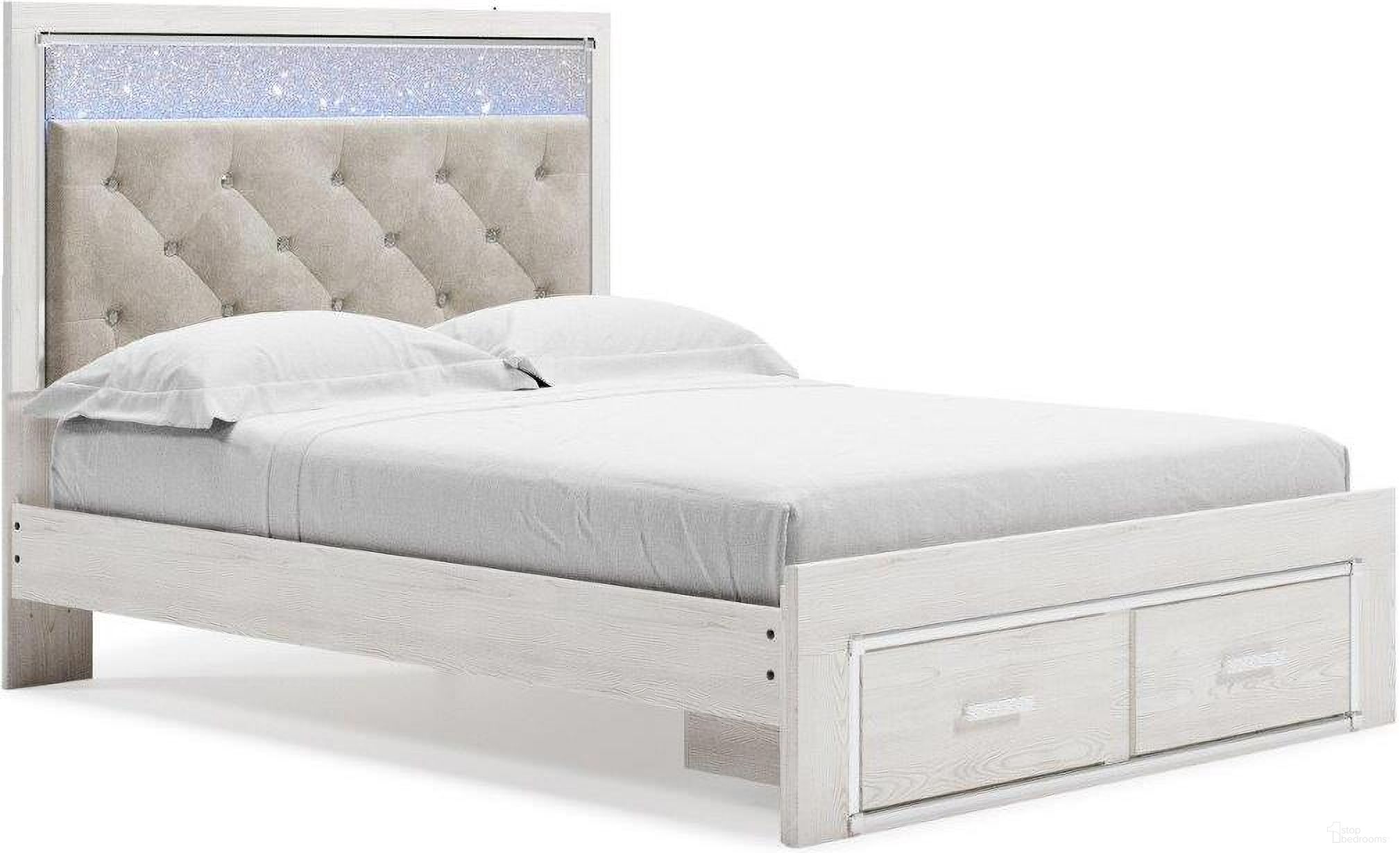 The appearance of Altyra White Queen Storage Panel Bed designed by Signature Design by Ashley in the modern / contemporary interior design. This white piece of furniture  was selected by 1StopBedrooms from Altyra Collection to add a touch of cosiness and style into your home. Sku: B2640-57;B2640-54S;B2640-95;B100-13. Bed Type: Panel Bed. Material: Fabric. Bed Size: Queen.