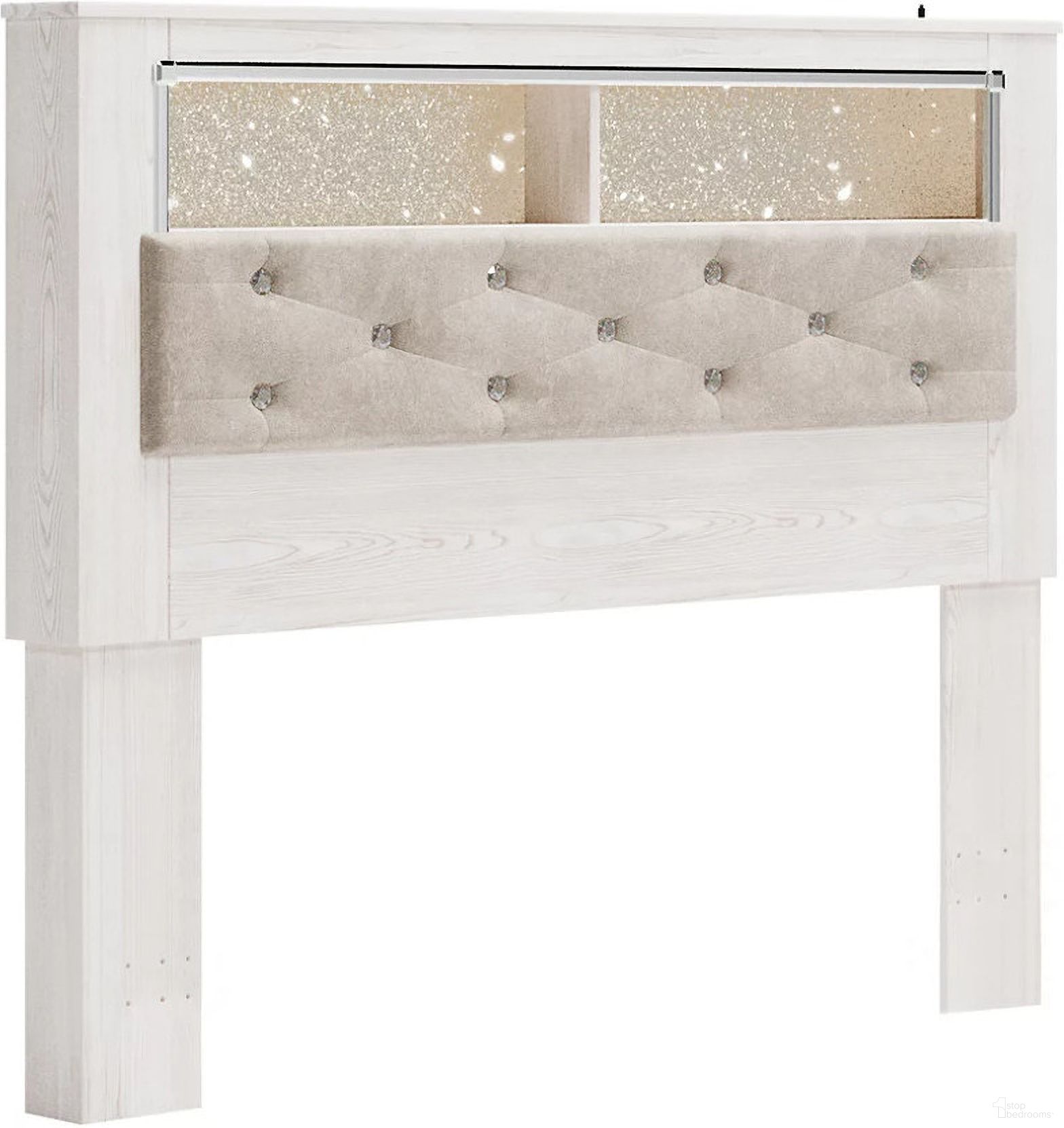 The appearance of Altyra White Queen Upholstered Panel Bookcase Headboard Only designed by Signature Design by Ashley in the modern / contemporary interior design. This white piece of furniture  was selected by 1StopBedrooms from Altyra Collection to add a touch of cosiness and style into your home. Sku: B2640-65. Material: Fabric. Bed Size: Queen.