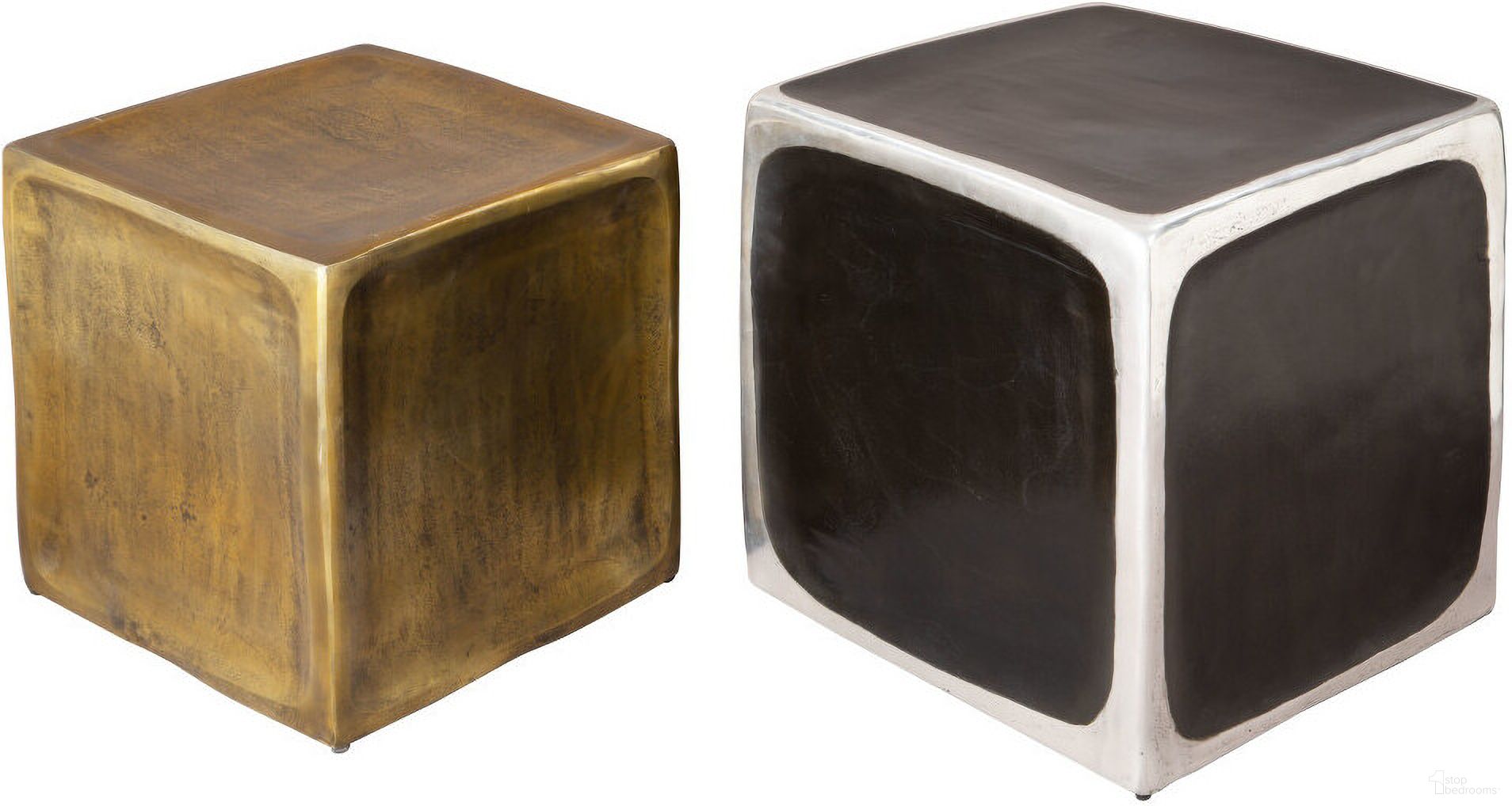 Aluminum Square Block End Tables Set of 2 In Black Silver and Antique Brass
